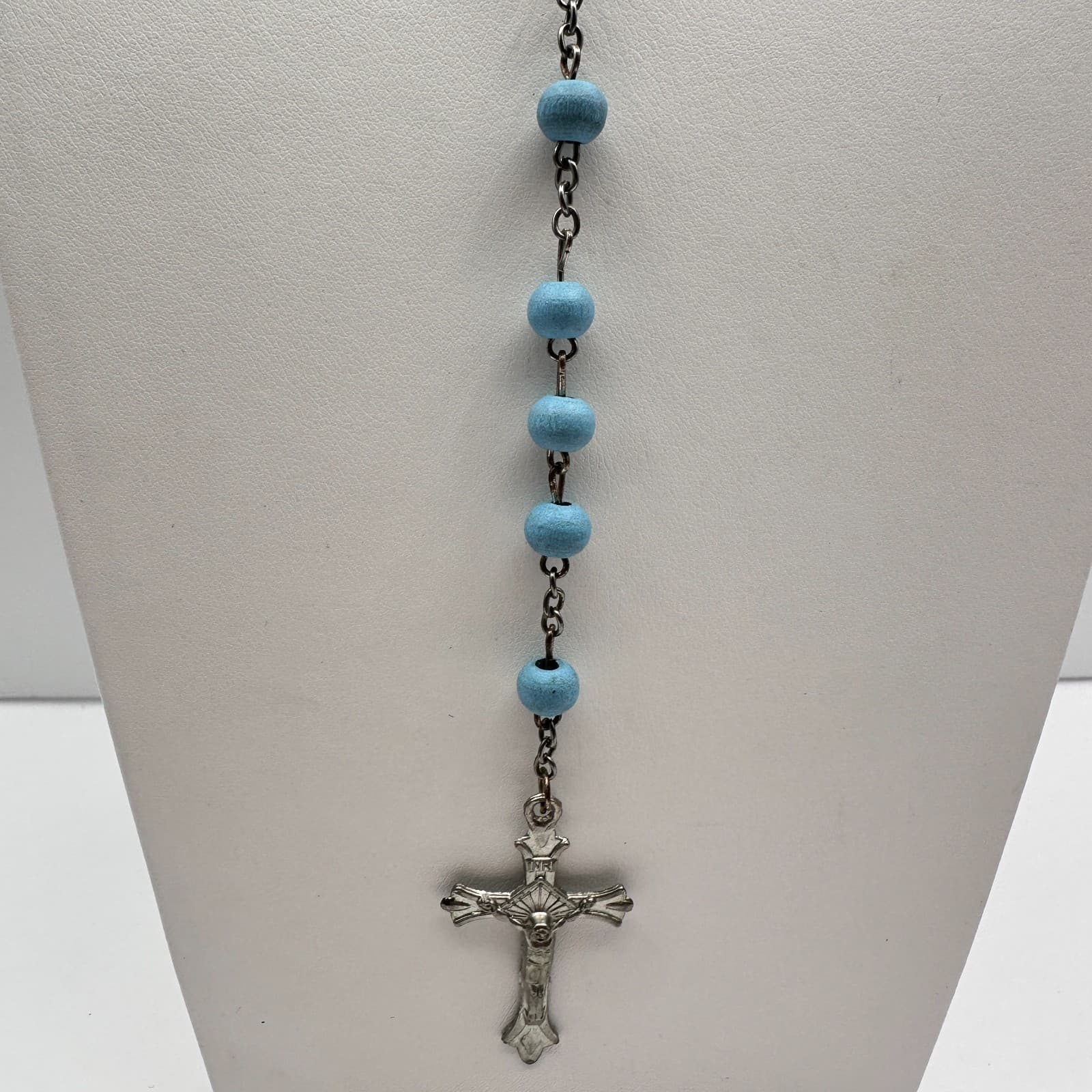 Vintage 90s Blue Bead Rosary Silver Tone Necklace Crucifix Religious Jewelry - Thumbnail 2