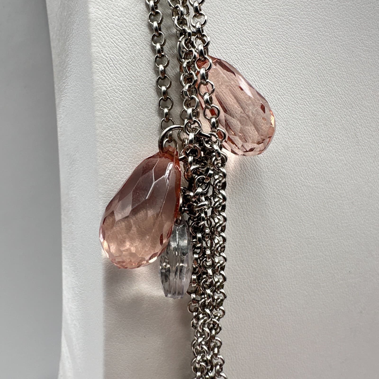Vintage 90s Ann Taylor Multi Strand Necklace Pink Clear Teardrop Crystal Bead - Thumbnail 4