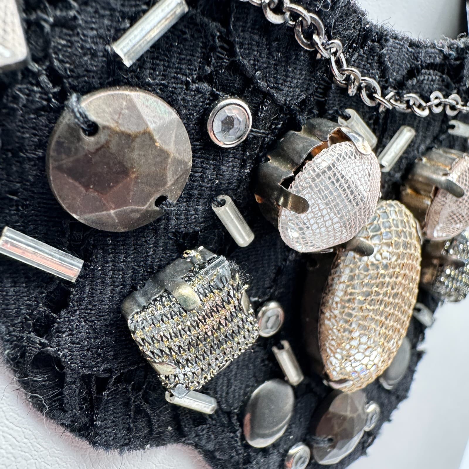 Vintage 90s Statement Bib Necklace Black Lace Ribbon Mixed Stones Womens Jewelry - Thumbnail 4