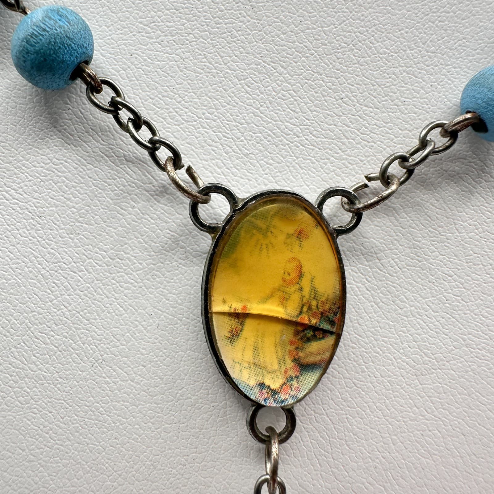 Vintage 90s Blue Bead Rosary Silver Tone Necklace Crucifix Religious Jewelry - Thumbnail 3