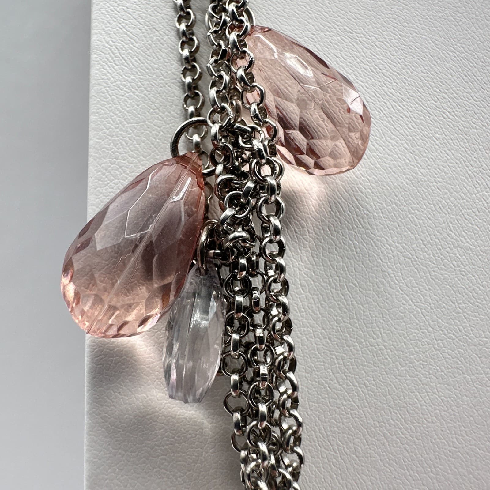 Vintage 90s Ann Taylor Multi Strand Necklace Pink Clear Teardrop Crystal Bead - Thumbnail 5