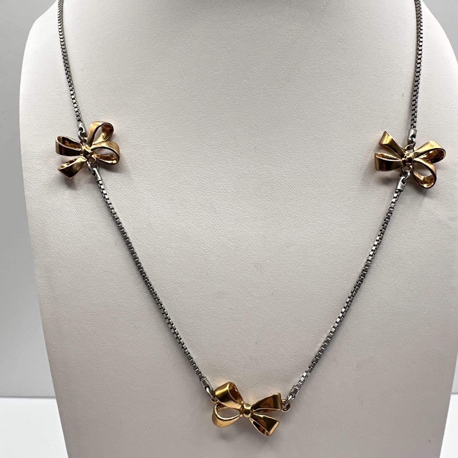 Vintage 90s Y2K Gold Tone Bow Station Necklace Box Chain Lobster Boho Jewelry - Thumbnail 8