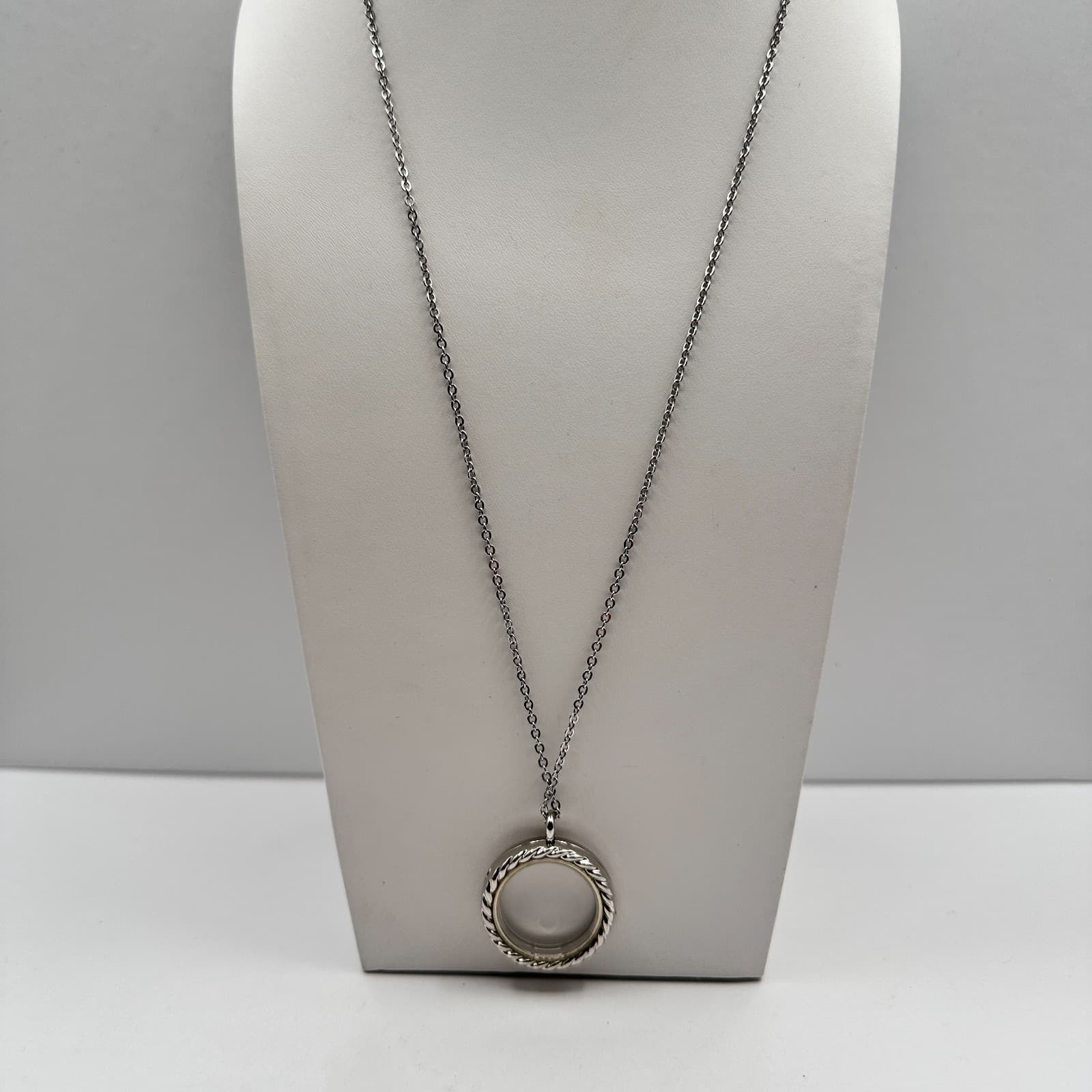 Vintage 90s Silver Tone Floating Locket Necklace Rope Twist Clear Glass Charm - Image 1