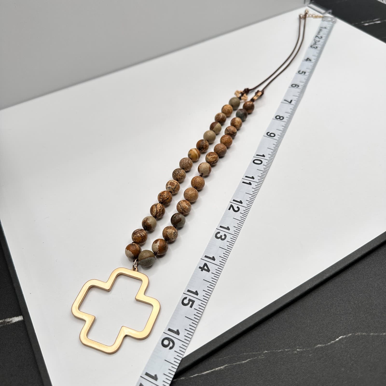 Vintage 90s Jasper Stone Beaded Necklace Gold Tone Open Cross Pendant Jewelry - Thumbnail 11