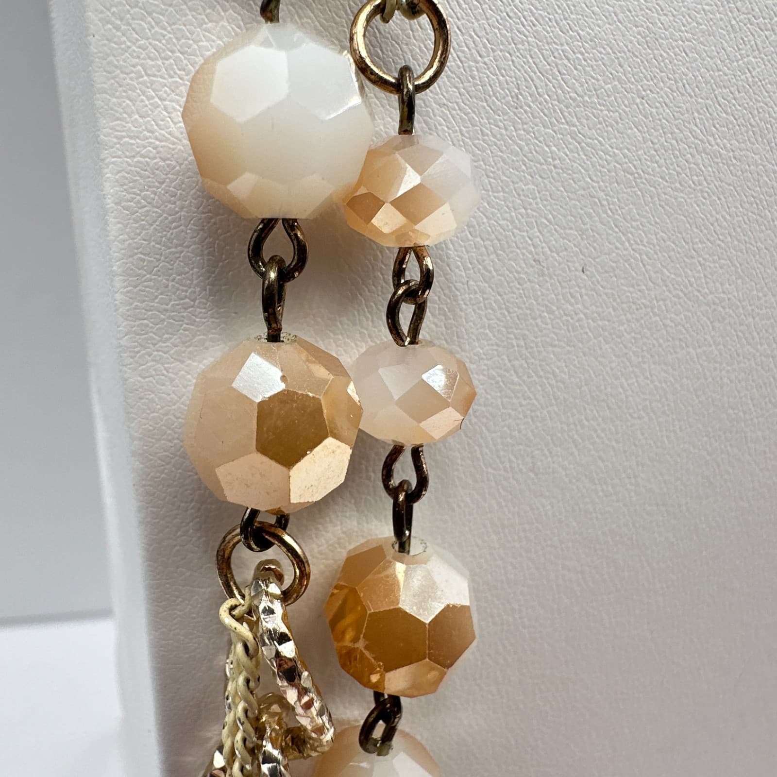 Vintage 90s Multi-Strand Gold Tone Necklace Beige Glass Beads Classic Jewelry - Thumbnail 7