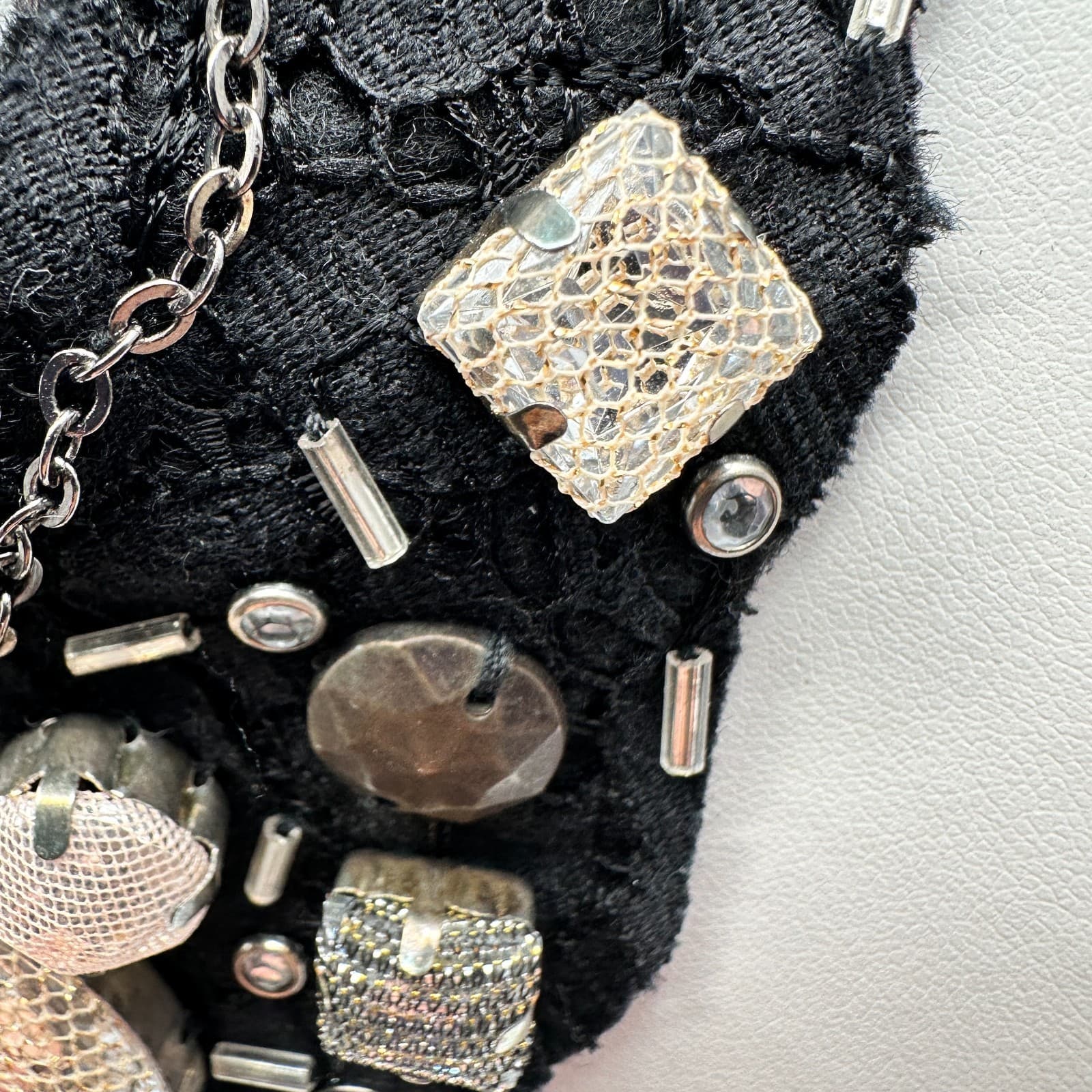 Vintage 90s Statement Bib Necklace Black Lace Ribbon Mixed Stones Womens Jewelry - Thumbnail 7