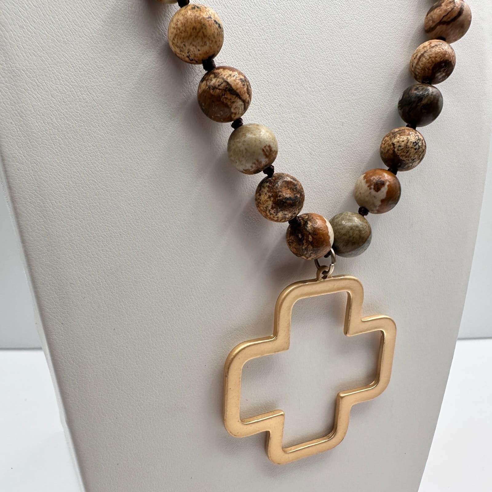 Vintage 90s Jasper Stone Beaded Necklace Gold Tone Open Cross Pendant Jewelry - Thumbnail 2