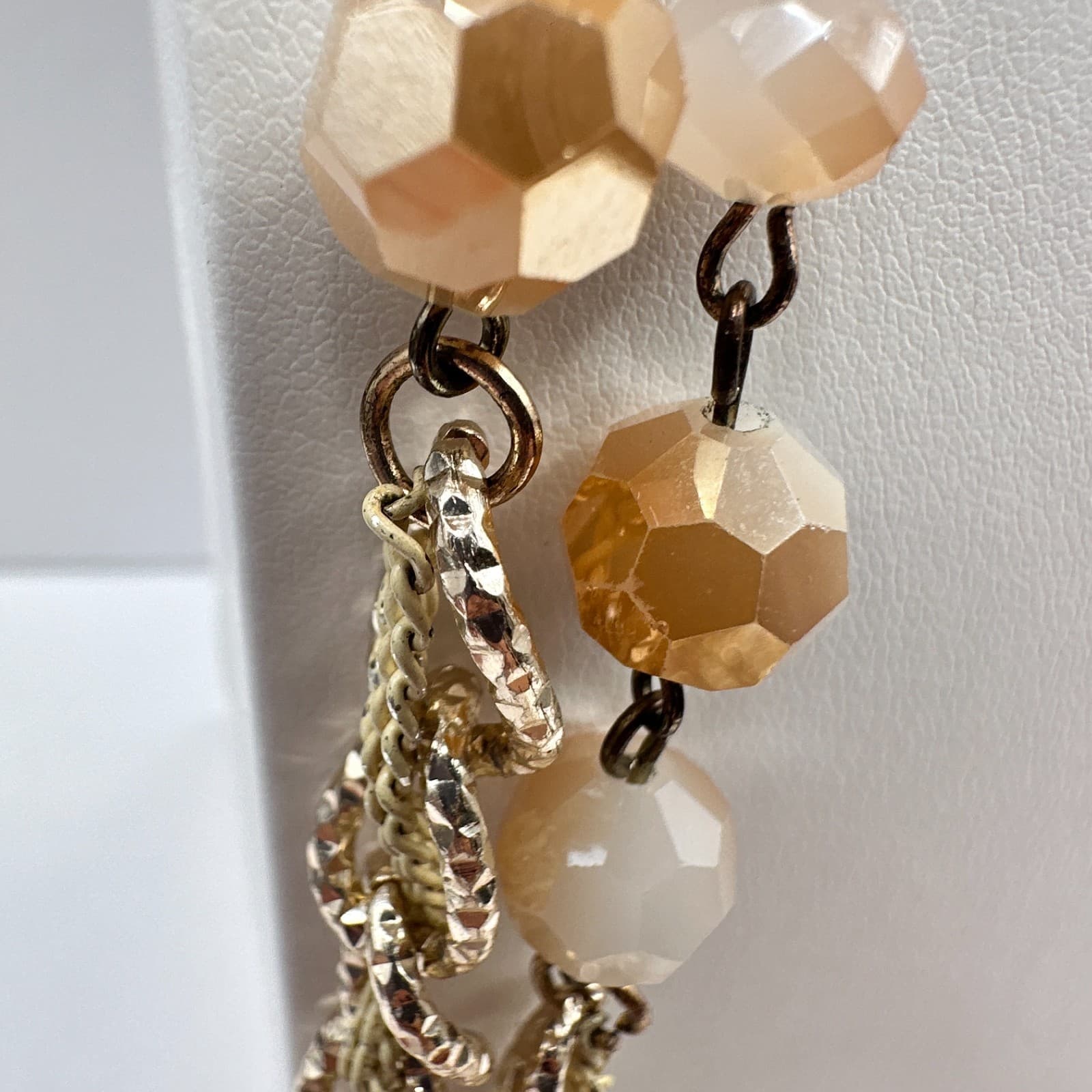 Vintage 90s Multi-Strand Gold Tone Necklace Beige Glass Beads Classic Jewelry - Thumbnail 8