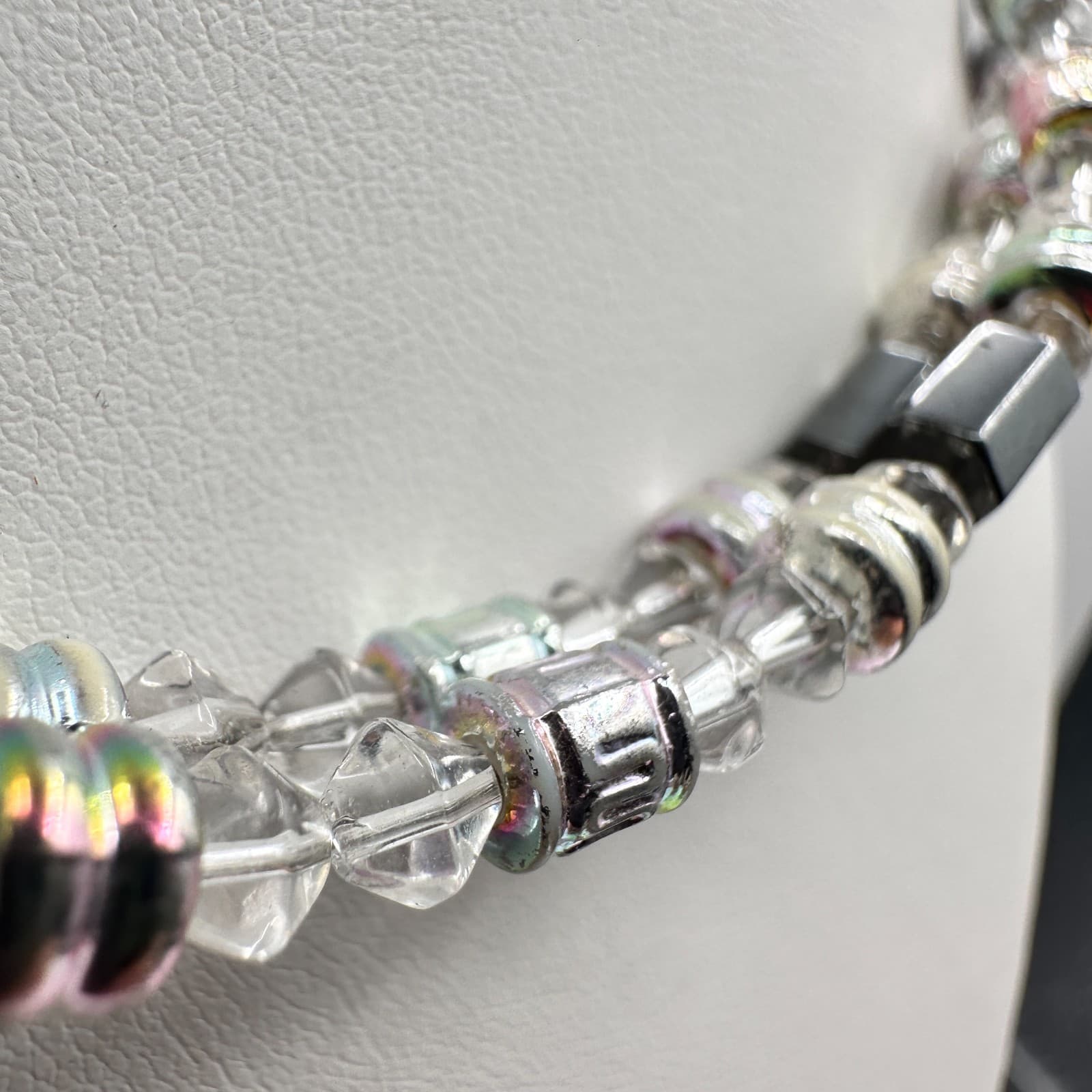 Vintage 90s Silver Tone Clear Glass & Hematite Beaded Necklace Women's Jewelry - Thumbnail 6