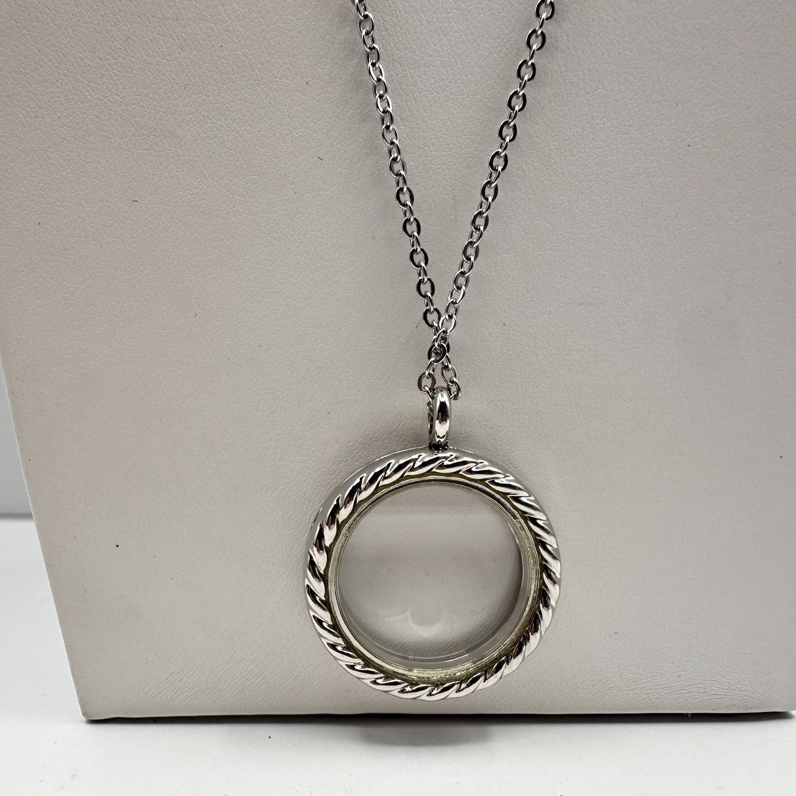 Vintage 90s Silver Tone Floating Locket Necklace Rope Twist Clear Glass Charm - Thumbnail 2