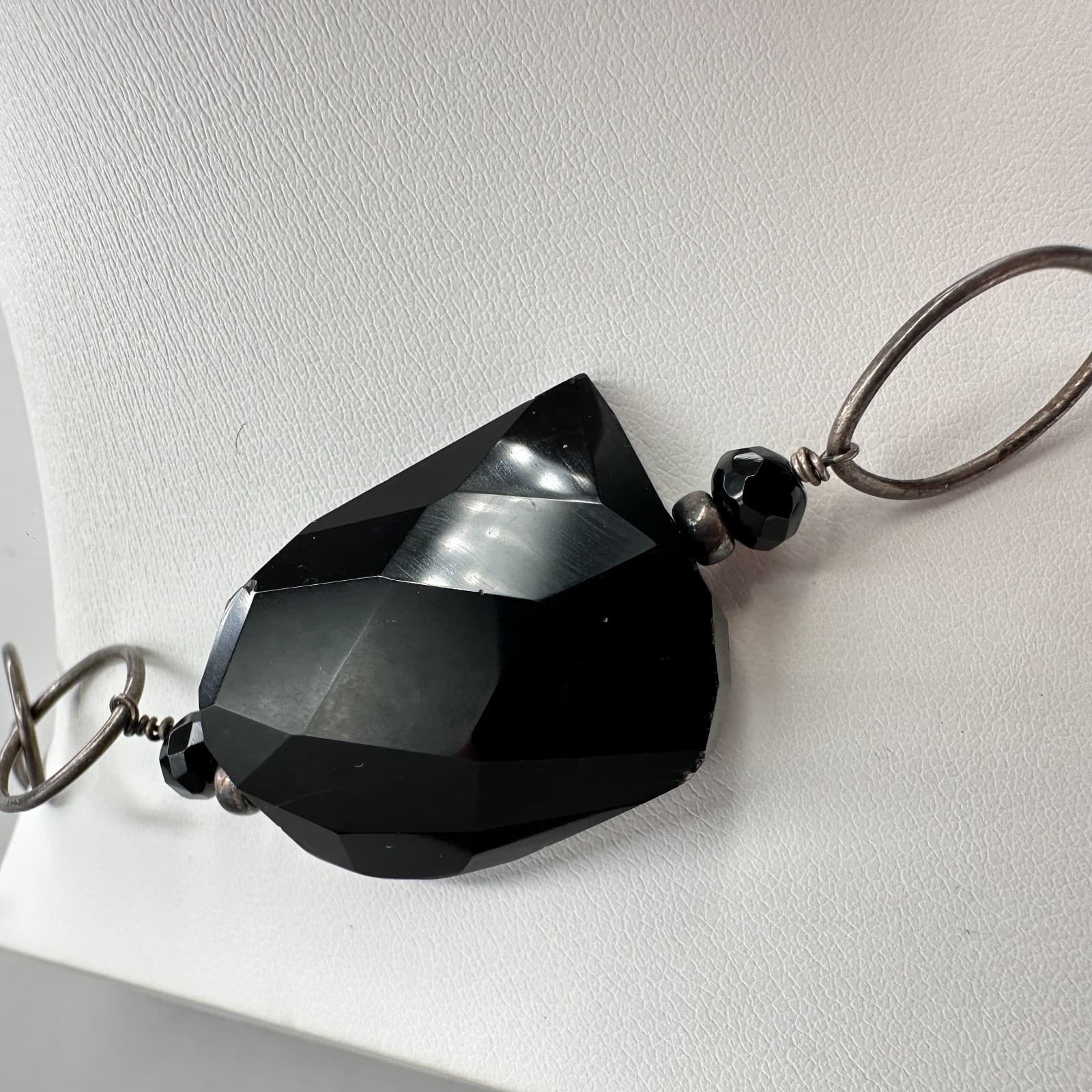 Vintage 90s Y2K Black Onyx Style Beaded Statement Lariat Silver Tone Necklace - Thumbnail 5