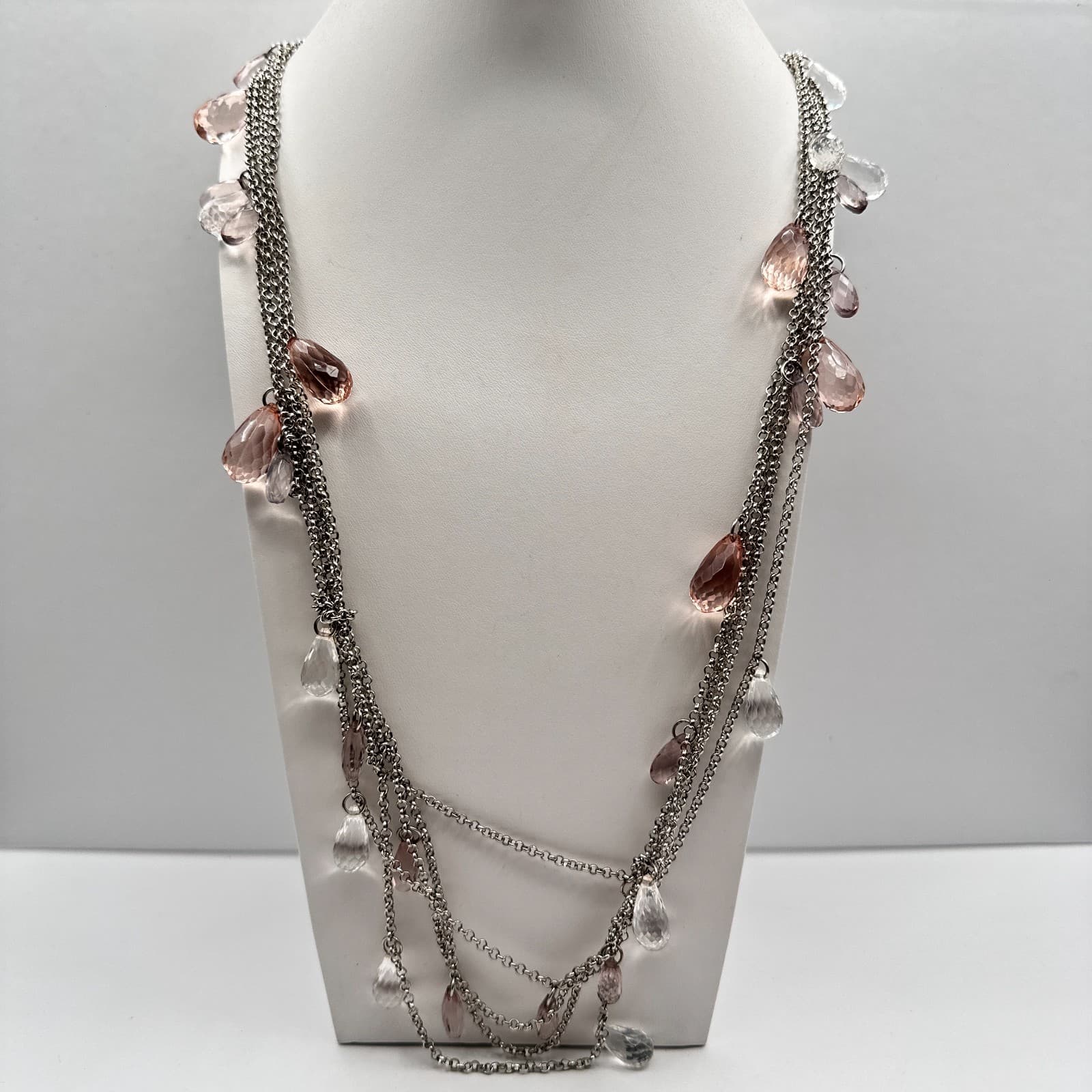 Vintage 90s Ann Taylor Multi Strand Necklace Pink Clear Teardrop Crystal Bead - Image 1