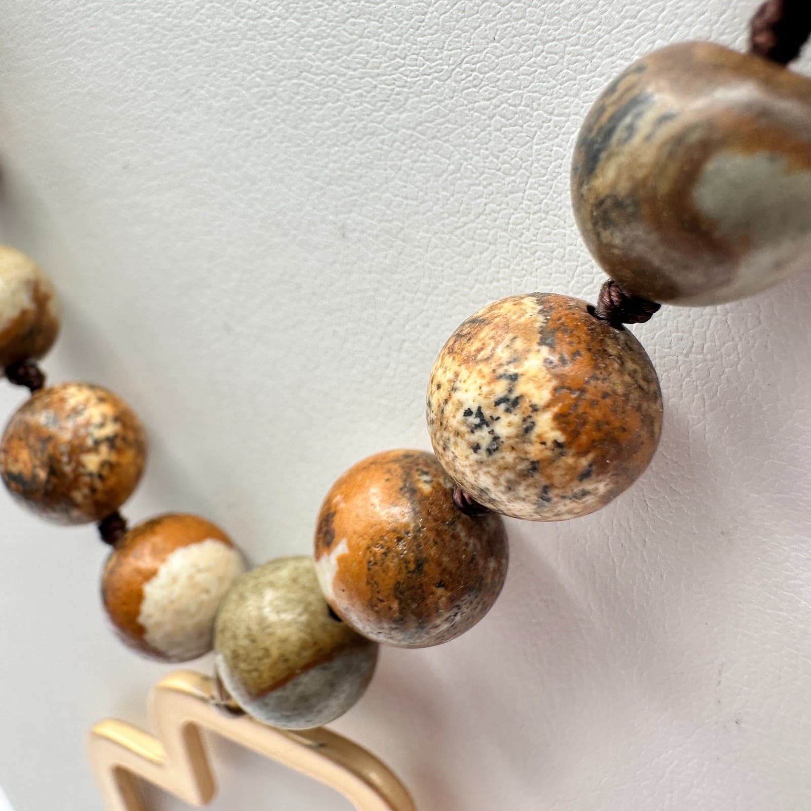 Vintage 90s Jasper Stone Beaded Necklace Gold Tone Open Cross Pendant Jewelry - Thumbnail 5