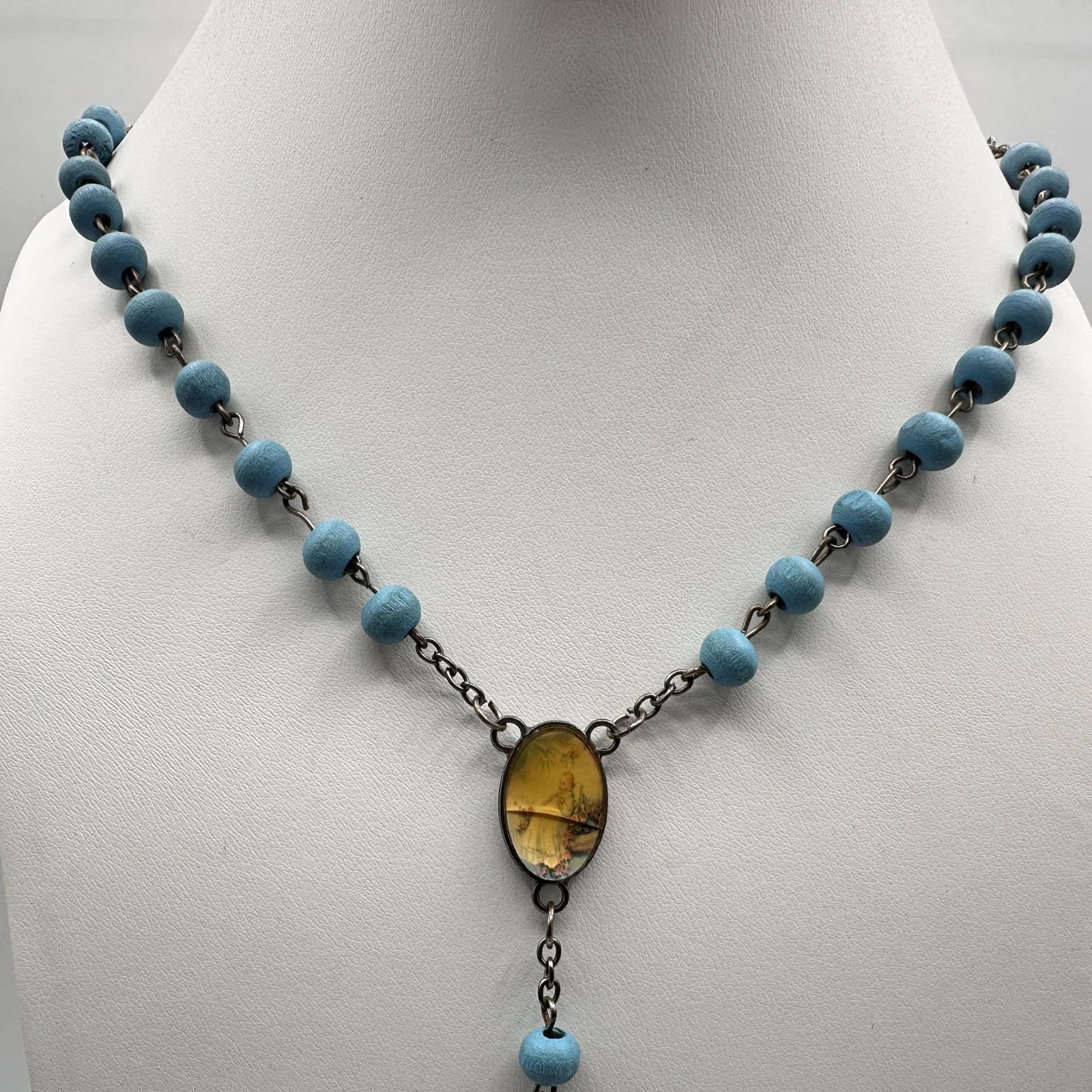 Vintage 90s Blue Bead Rosary Silver Tone Necklace Crucifix Religious Jewelry - Thumbnail 6