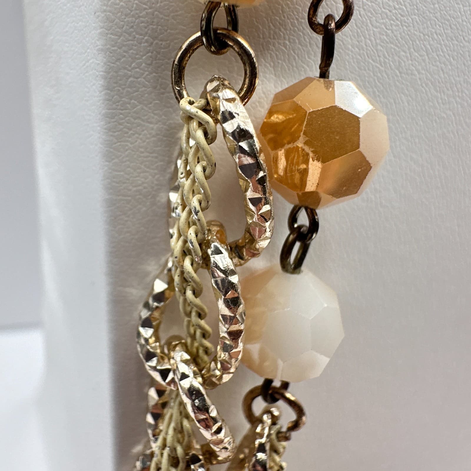 Vintage 90s Multi-Strand Gold Tone Necklace Beige Glass Beads Classic Jewelry - Thumbnail 9