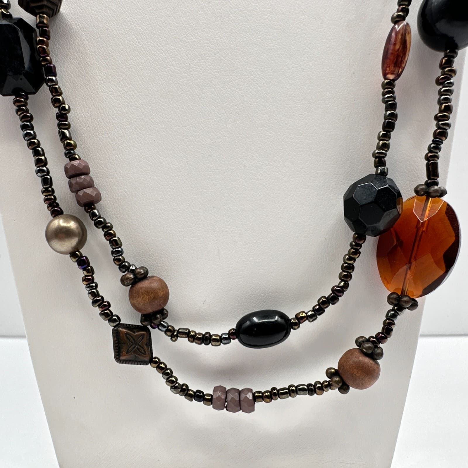 Vintage 90s Multi Strand Beaded Statement Earth Tone Necklace Women's Jewelry - Thumbnail 3