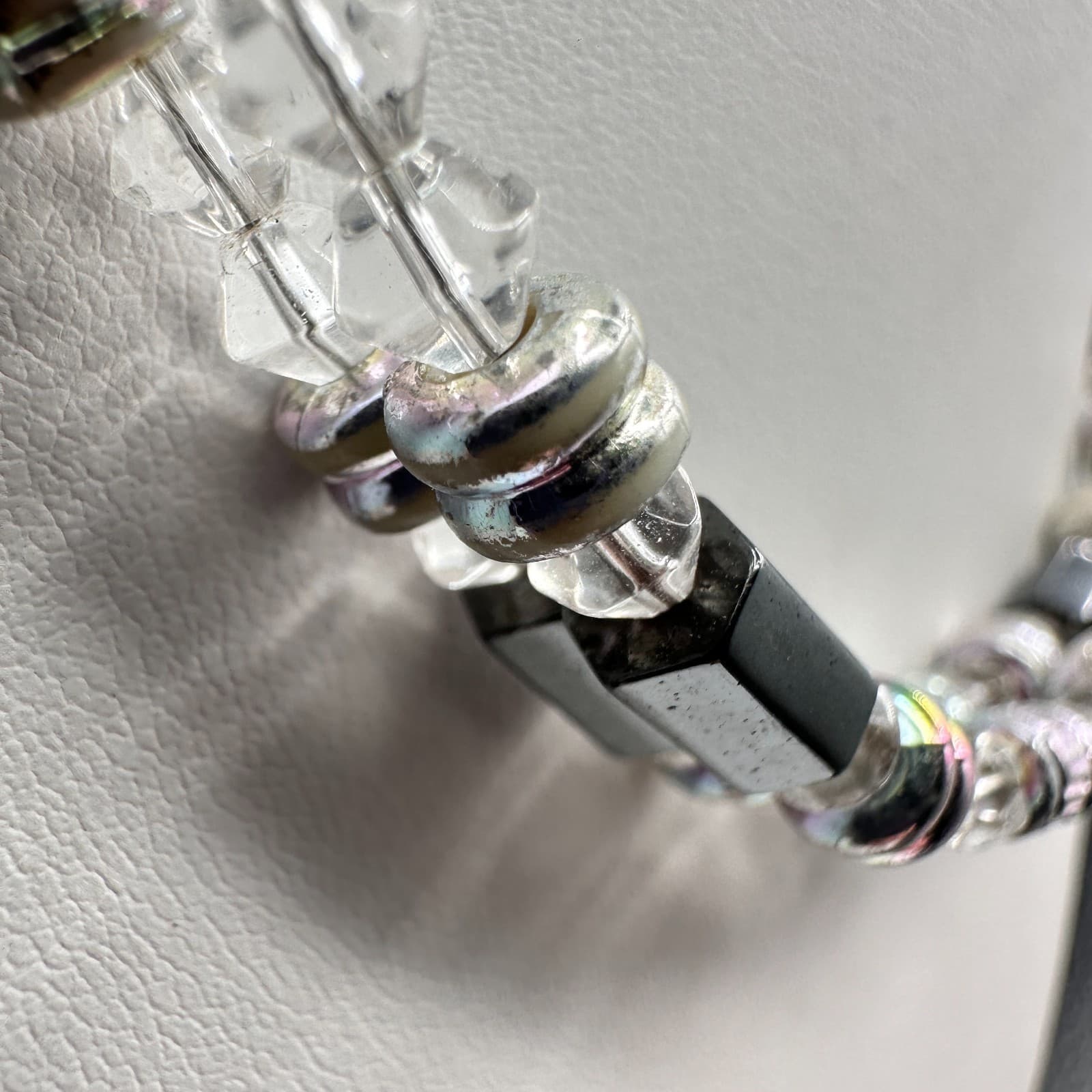 Vintage 90s Silver Tone Clear Glass & Hematite Beaded Necklace Women's Jewelry - Thumbnail 5