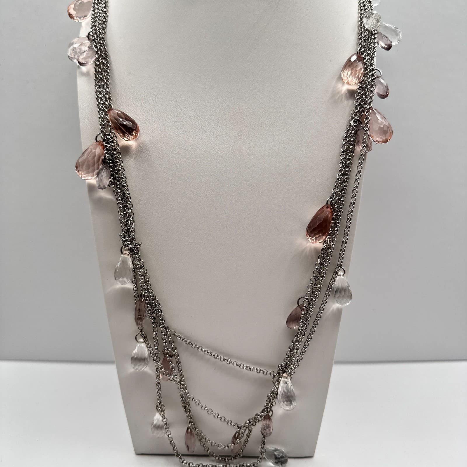 Vintage 90s Ann Taylor Multi Strand Necklace Pink Clear Teardrop Crystal Bead - Thumbnail 10