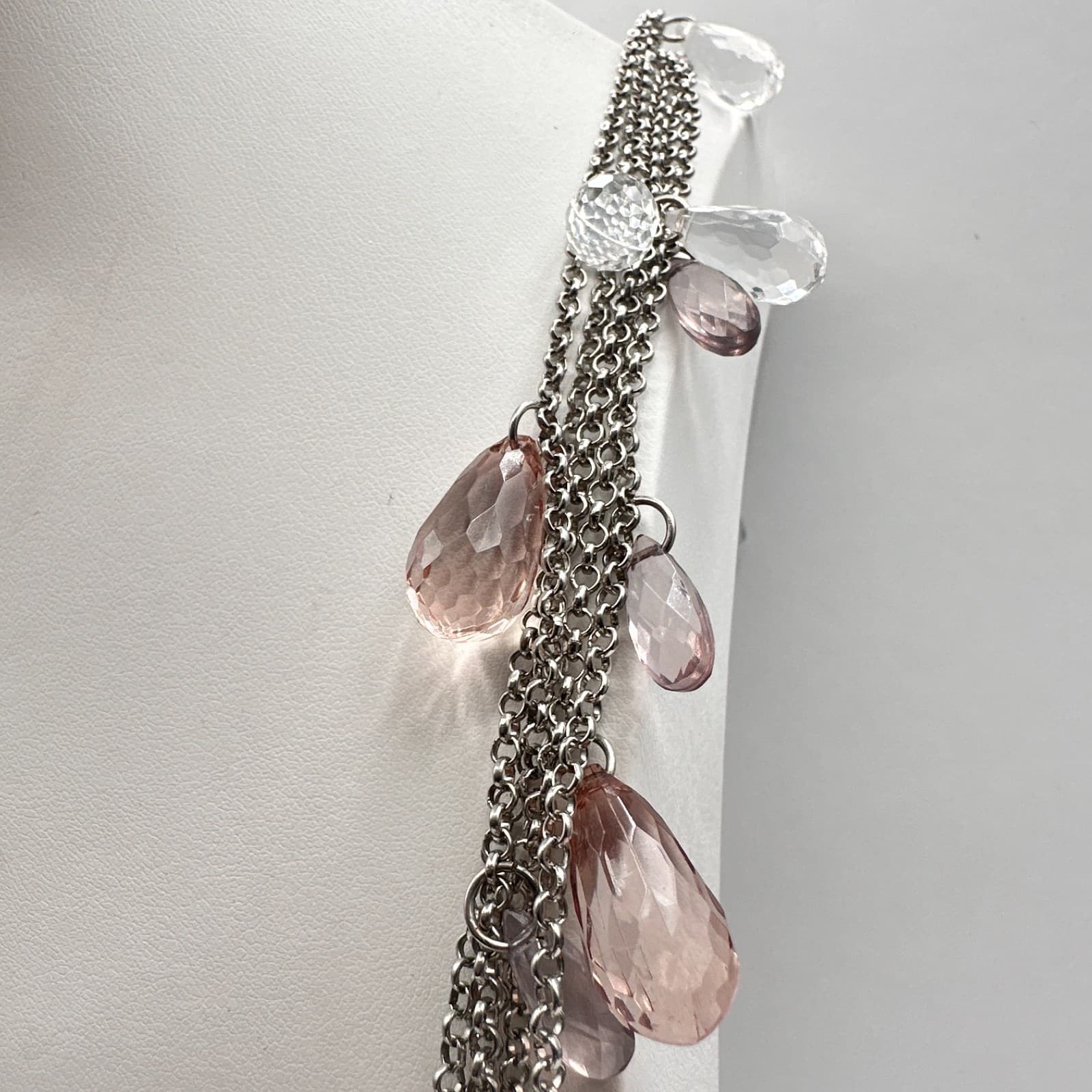 Vintage 90s Ann Taylor Multi Strand Necklace Pink Clear Teardrop Crystal Bead - Thumbnail 7