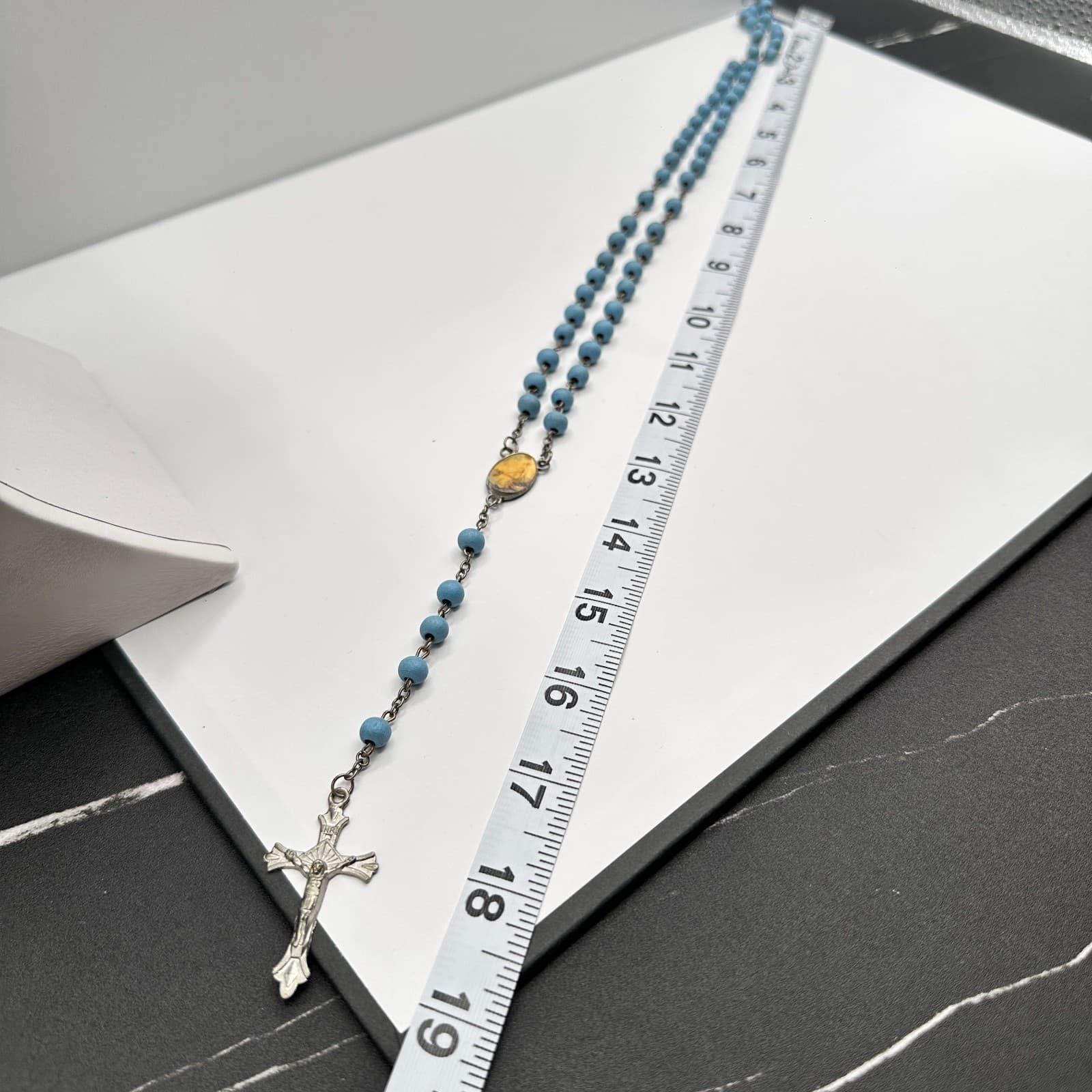 Vintage 90s Blue Bead Rosary Silver Tone Necklace Crucifix Religious Jewelry - Thumbnail 7