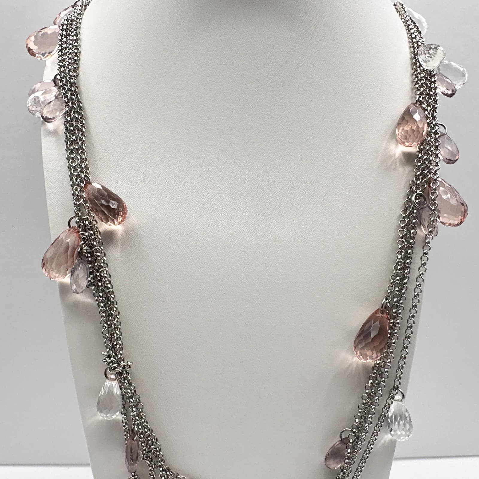 Vintage 90s Ann Taylor Multi Strand Necklace Pink Clear Teardrop Crystal Bead - Thumbnail 3