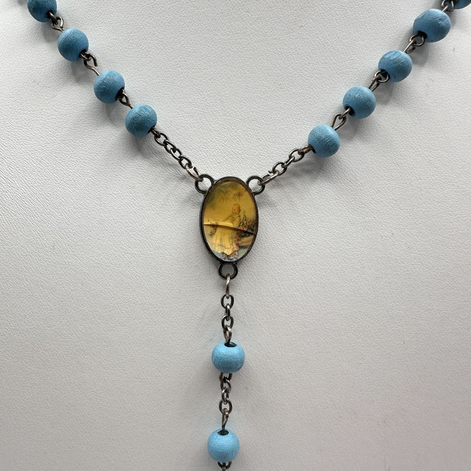 Vintage 90s Blue Bead Rosary Silver Tone Necklace Crucifix Religious Jewelry - Thumbnail 4