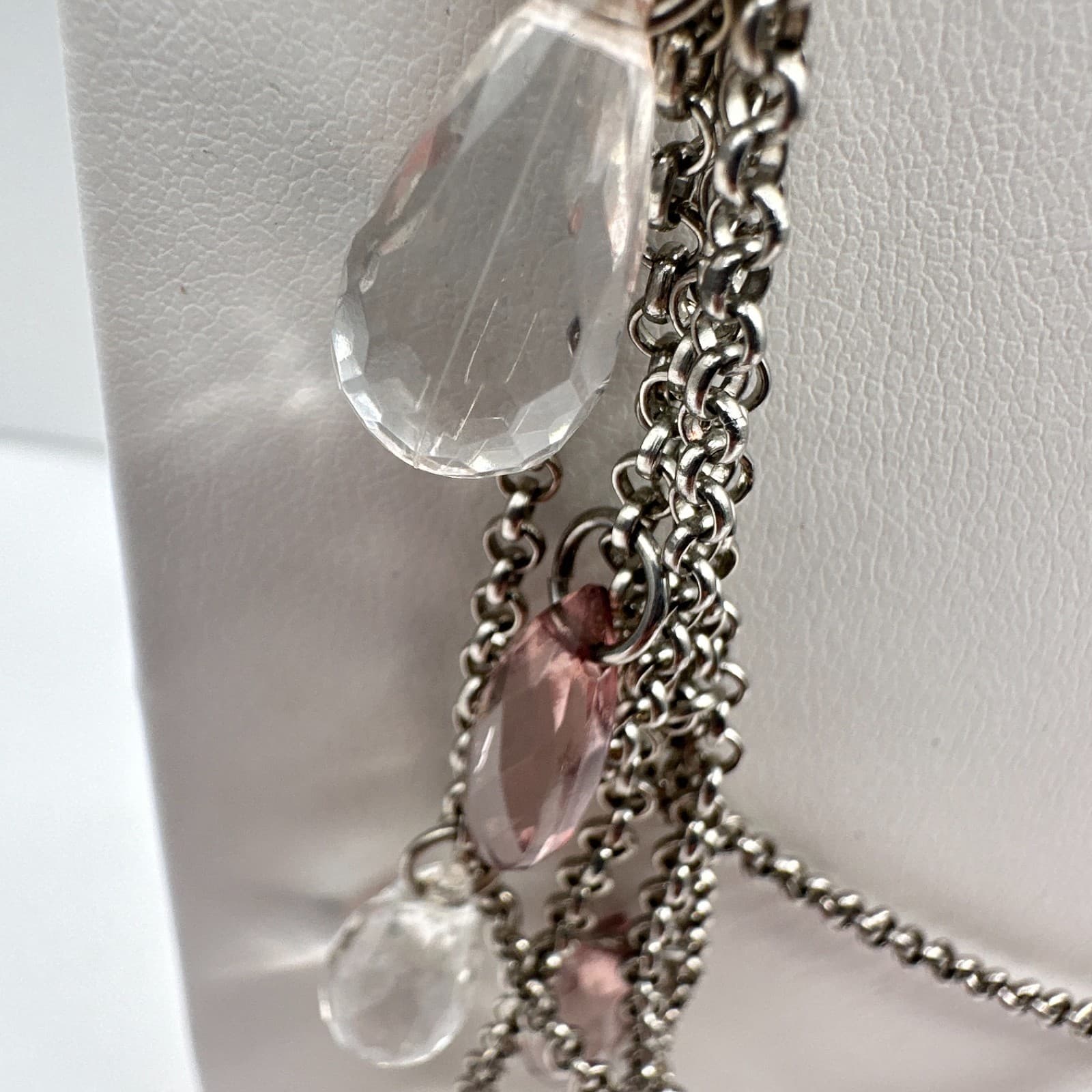 Vintage 90s Ann Taylor Multi Strand Necklace Pink Clear Teardrop Crystal Bead - Thumbnail 6