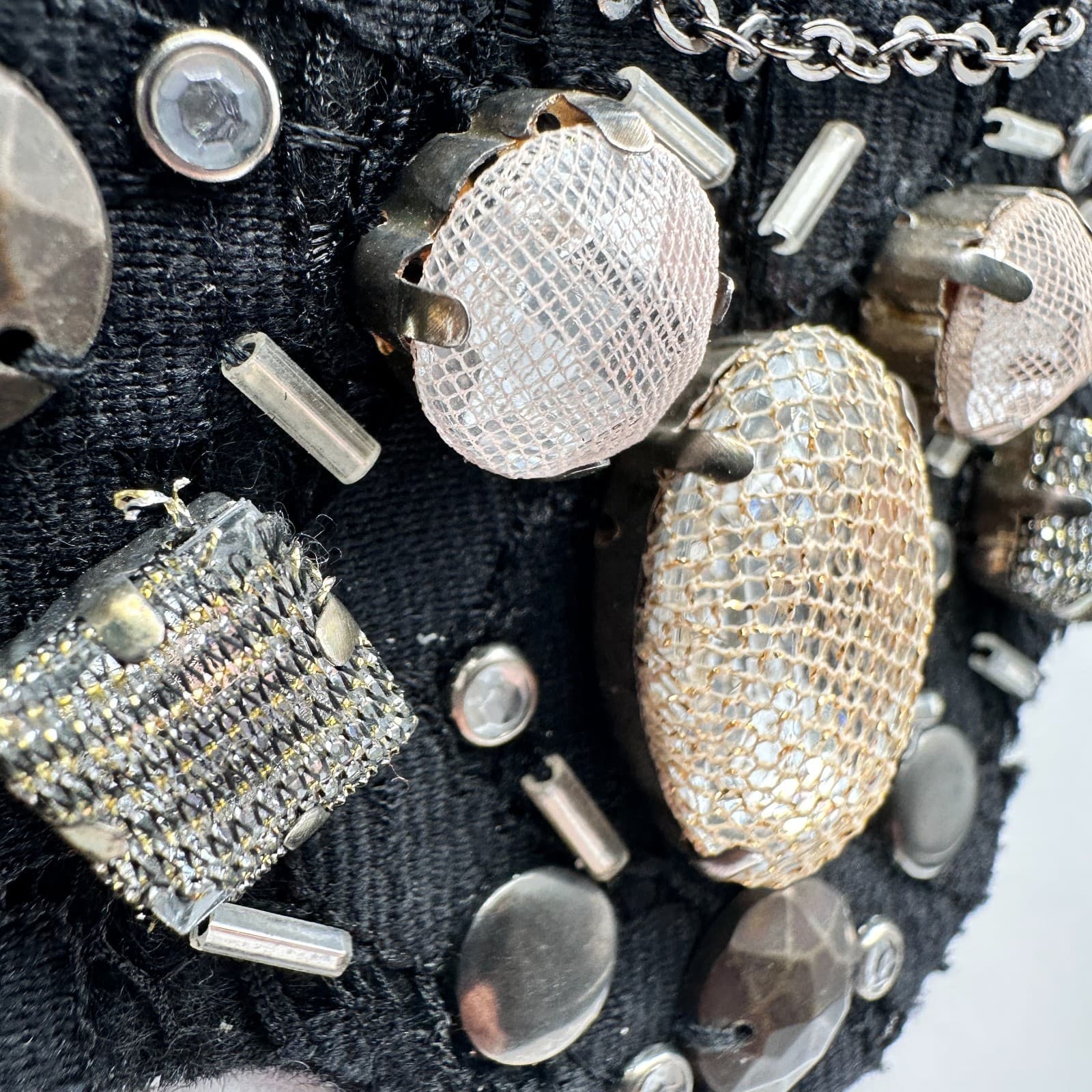 Vintage 90s Statement Bib Necklace Black Lace Ribbon Mixed Stones Womens Jewelry - Thumbnail 5