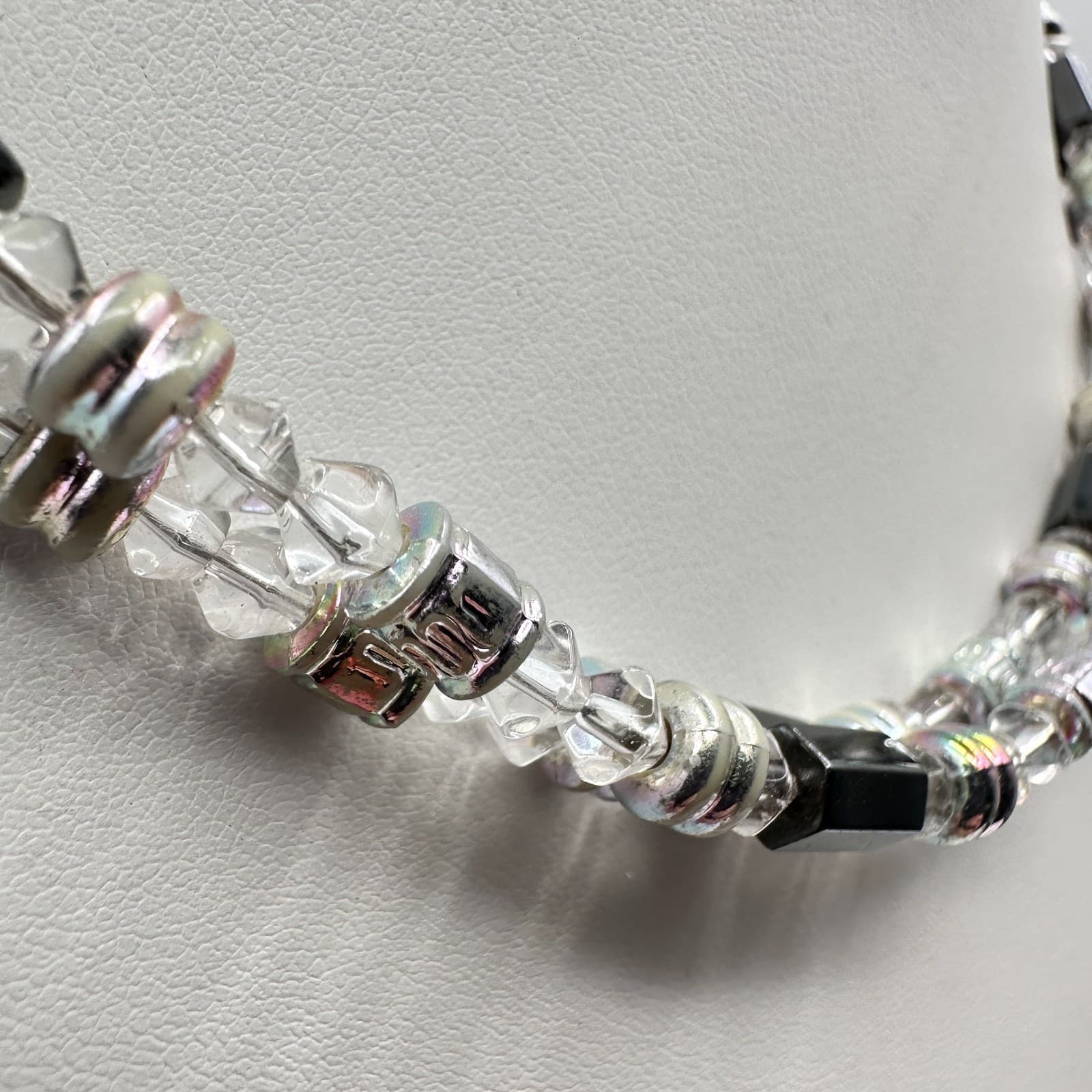 Vintage 90s Silver Tone Clear Glass & Hematite Beaded Necklace Women's Jewelry - Thumbnail 3