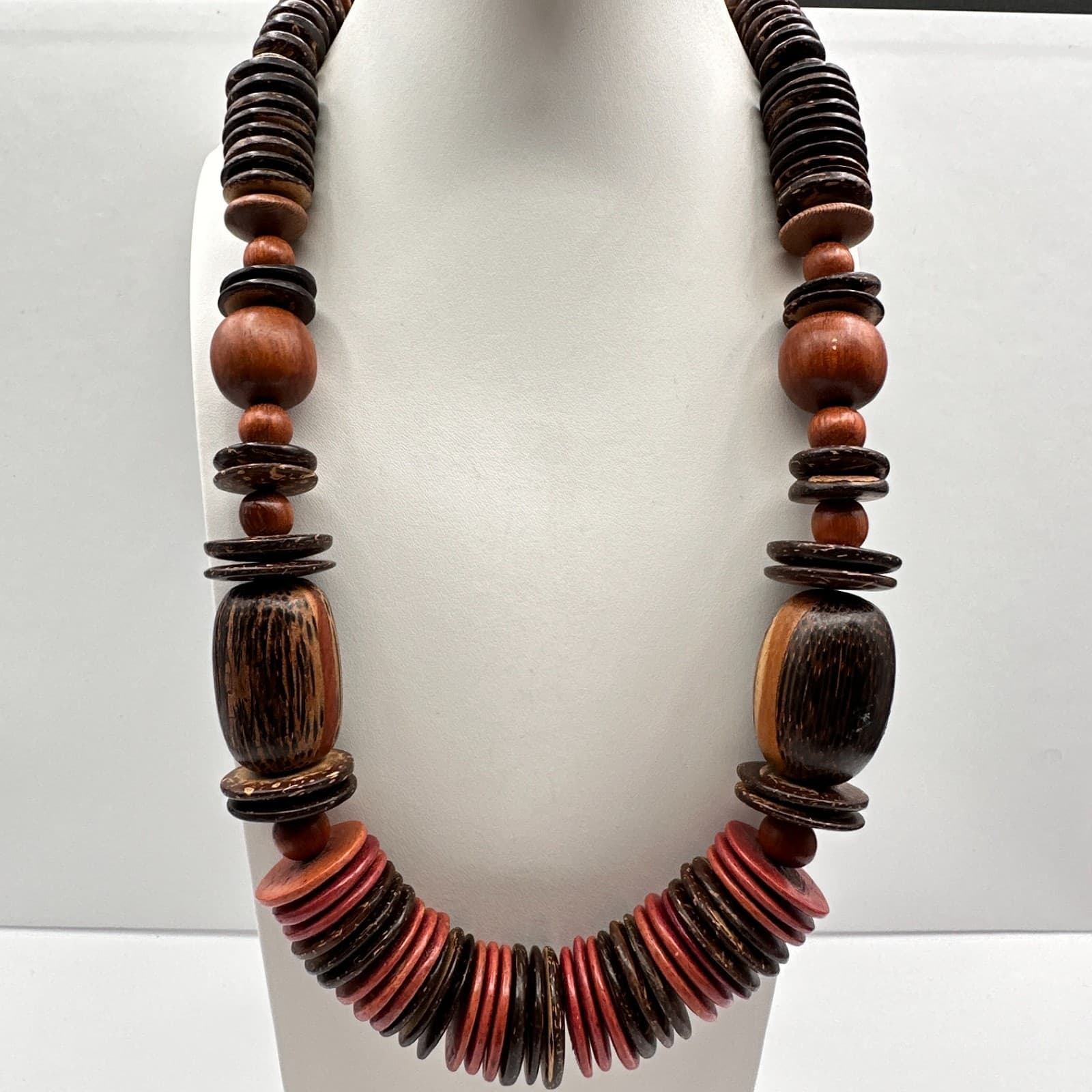 Vintage 90s Coconut Shell Wood Bead Necklace Chunky Boho Statement Jewelry - Image 1