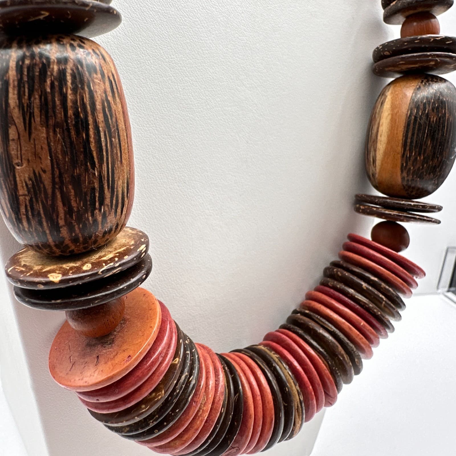 Vintage 90s Coconut Shell Wood Bead Necklace Chunky Boho Statement Jewelry - Thumbnail 2