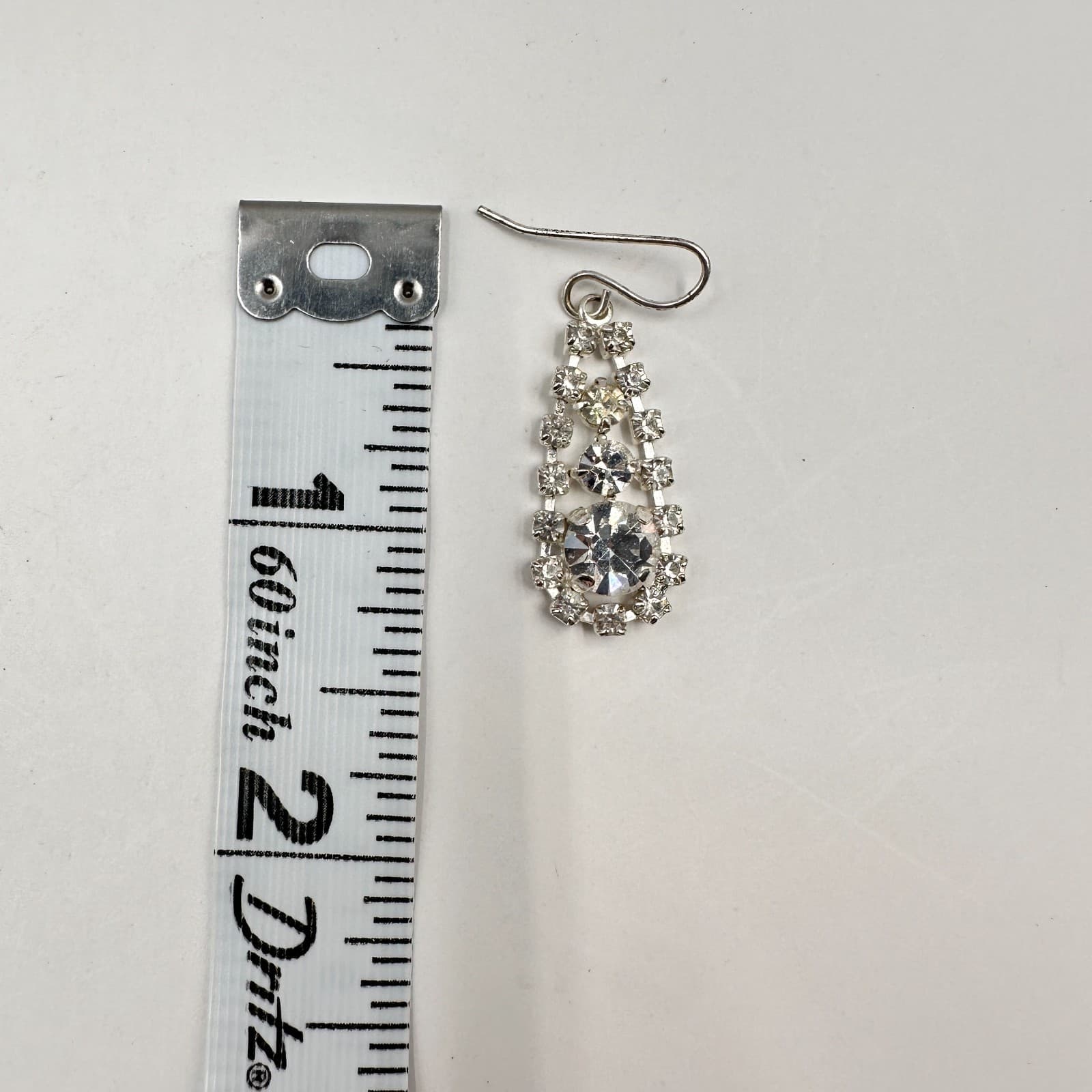 Vintage 90s Silver Tone Clear Glass Rhinestone Teardrop Dangle Hook Earrings - Thumbnail 6