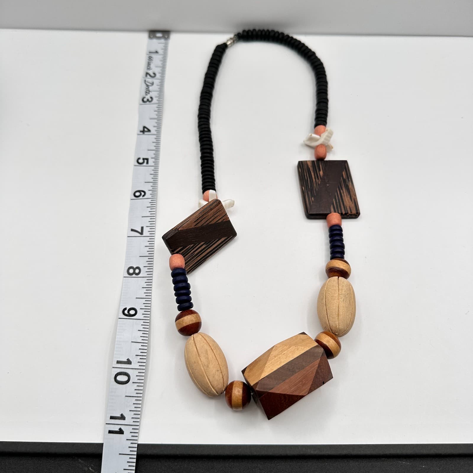 Vintage 90s Boho Chunky Wood Statement Necklace Geometric Beaded Ethnic Jewelry - Thumbnail 10