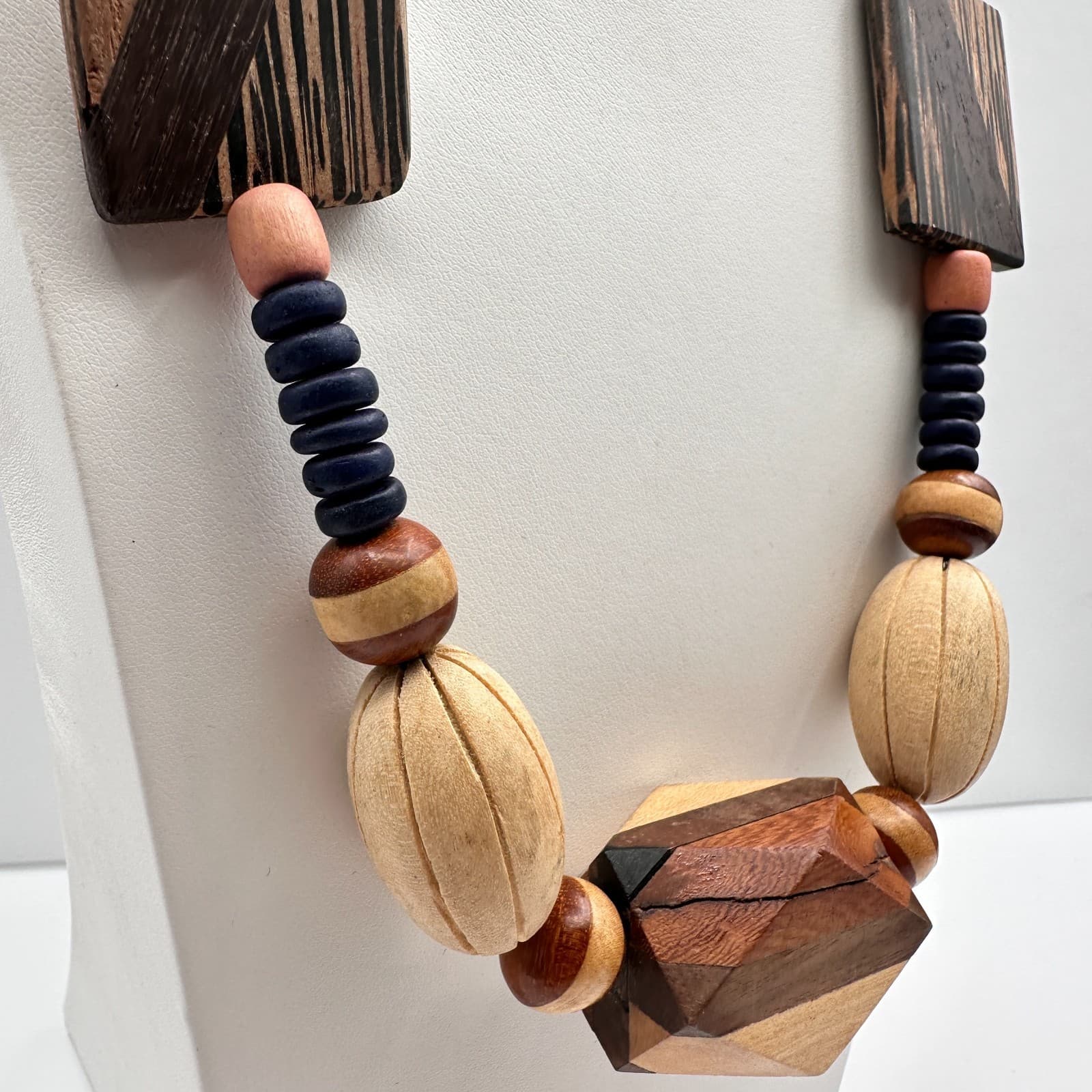 Vintage 90s Boho Chunky Wood Statement Necklace Geometric Beaded Ethnic Jewelry - Thumbnail 4