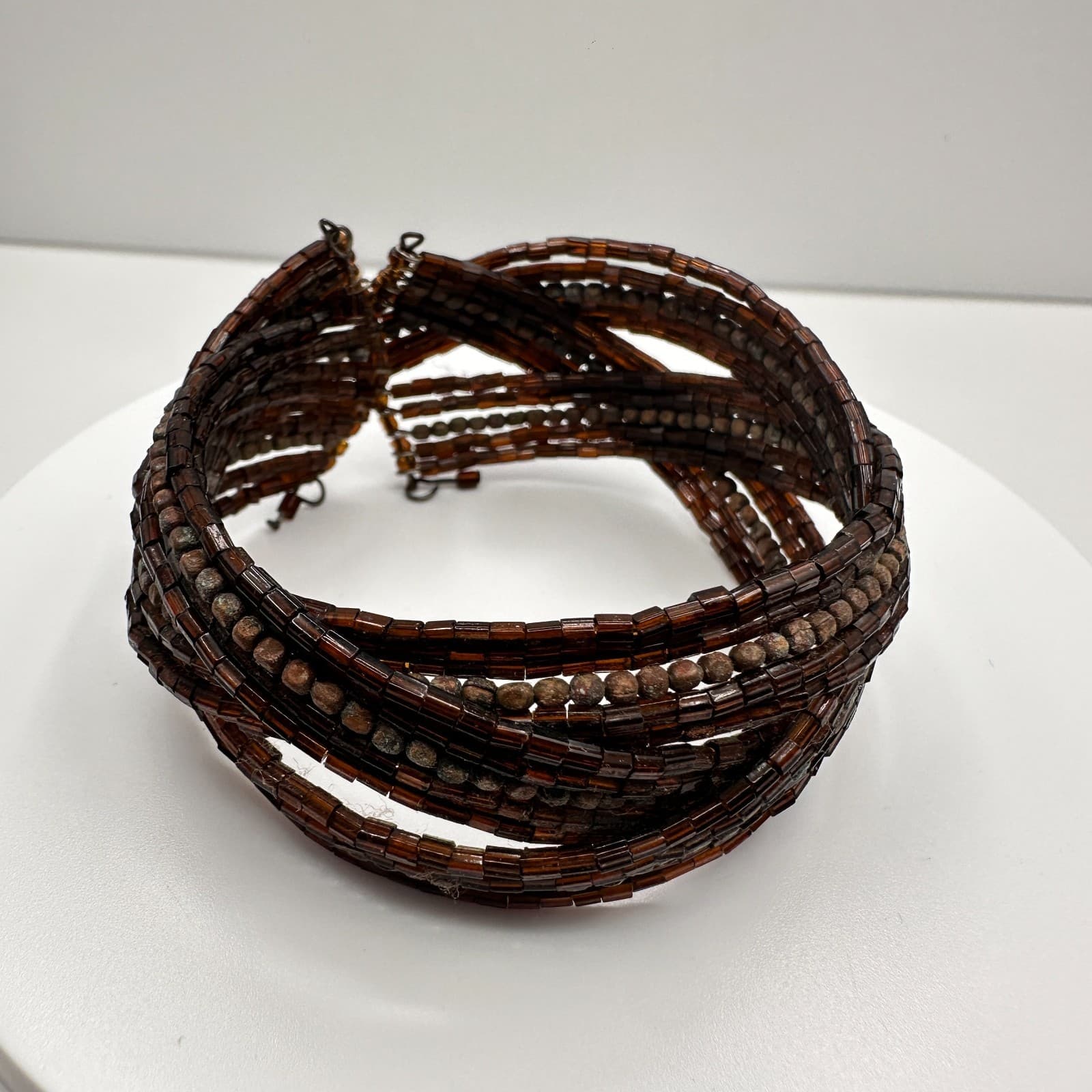 Vintage 90s Beaded Multi-Strand Cuff Bracelet Brown Seed Beads Boho Jewelry - Image 1