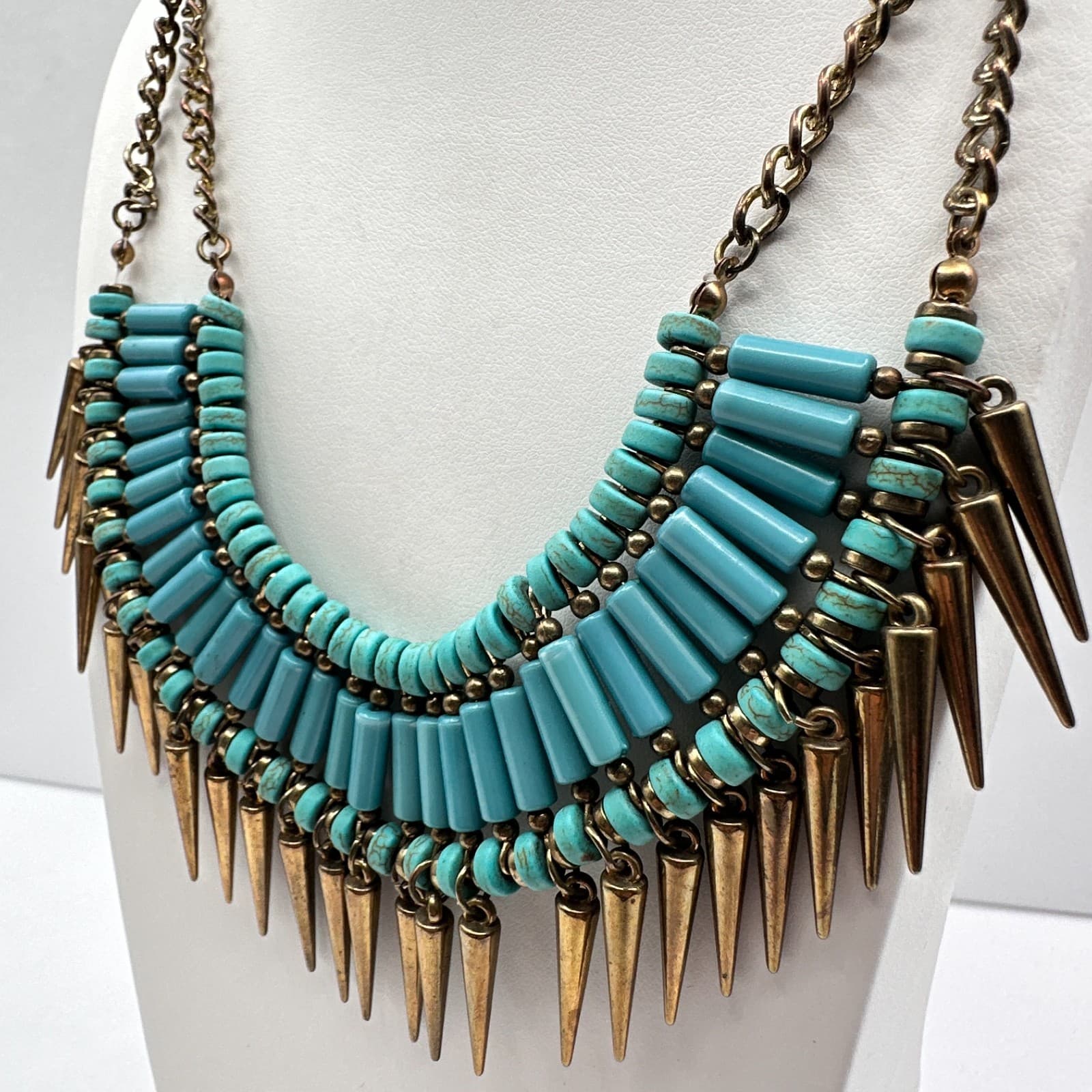 Vintage Y2K Turquoise Blue Beaded Bib Necklace Gold Spike Statement Jewelry - Thumbnail 7