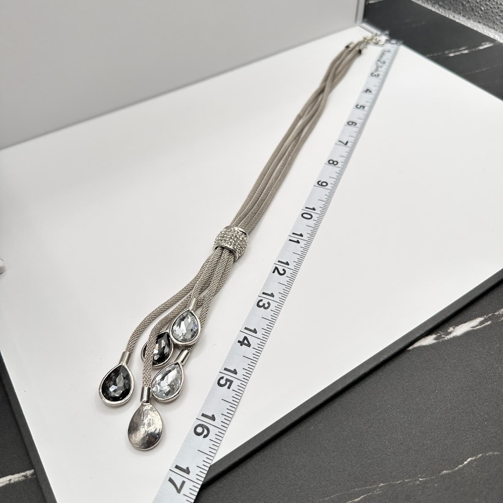 Vintage 90s Y2K Silver Tone Mesh Lariat Tassel Necklace Teardrop Glass Jewelry - Thumbnail 14