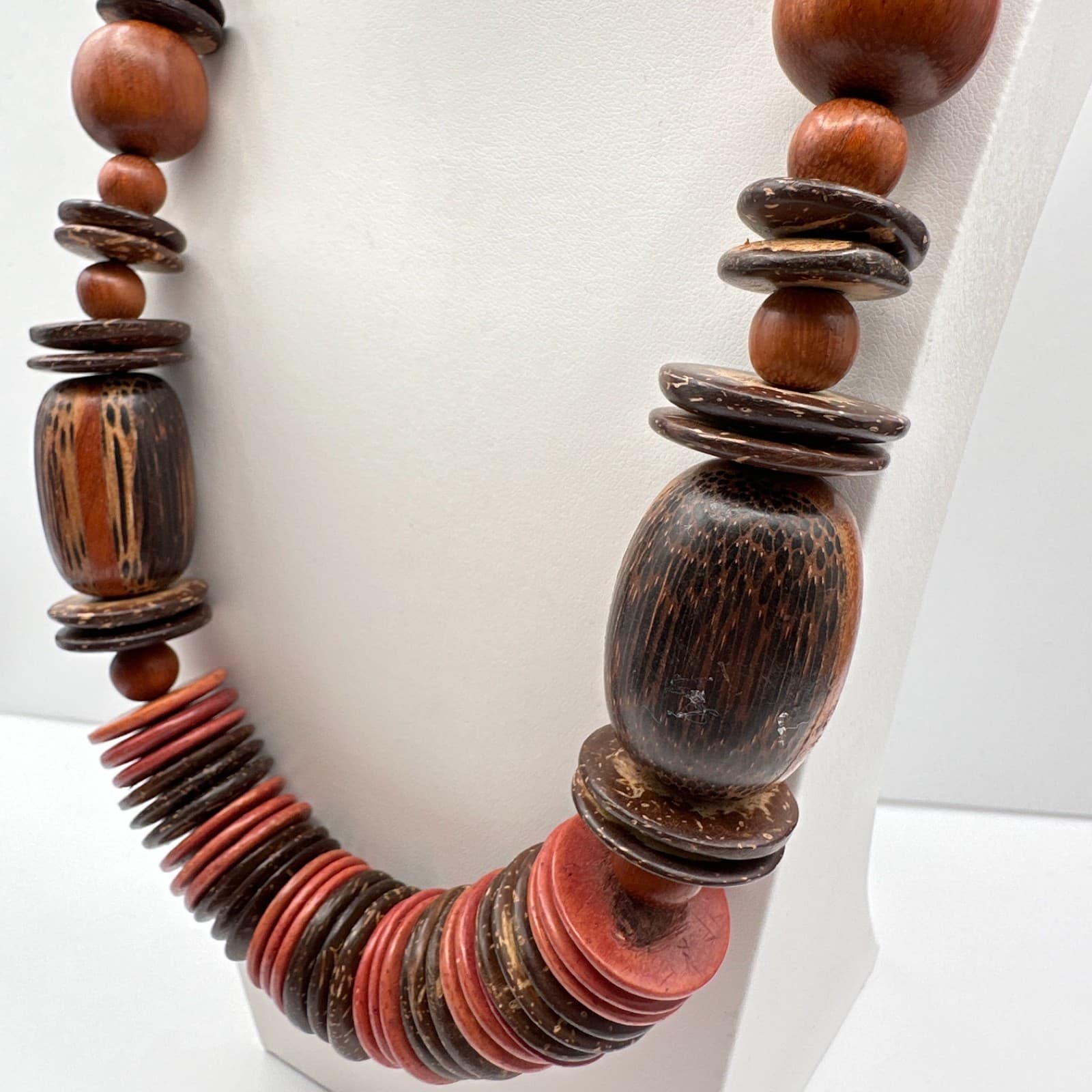 Vintage 90s Coconut Shell Wood Bead Necklace Chunky Boho Statement Jewelry - Thumbnail 9