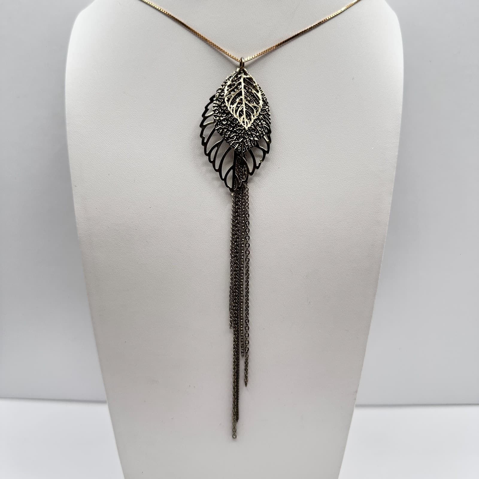 Vintage 90s Gold Tone Leaf Tassel Necklace Box Chain Boho Statement Pendant - Image 1