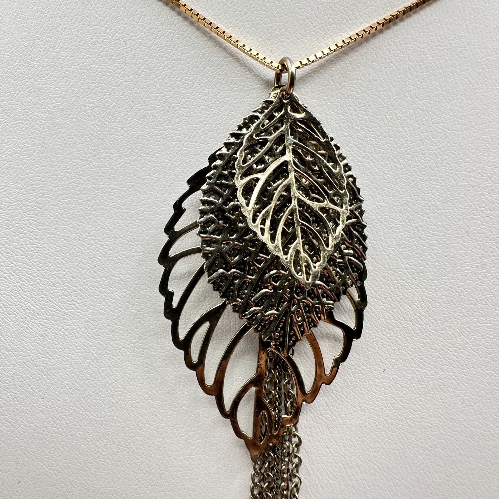 Vintage 90s Gold Tone Leaf Tassel Necklace Box Chain Boho Statement Pendant - Thumbnail 2