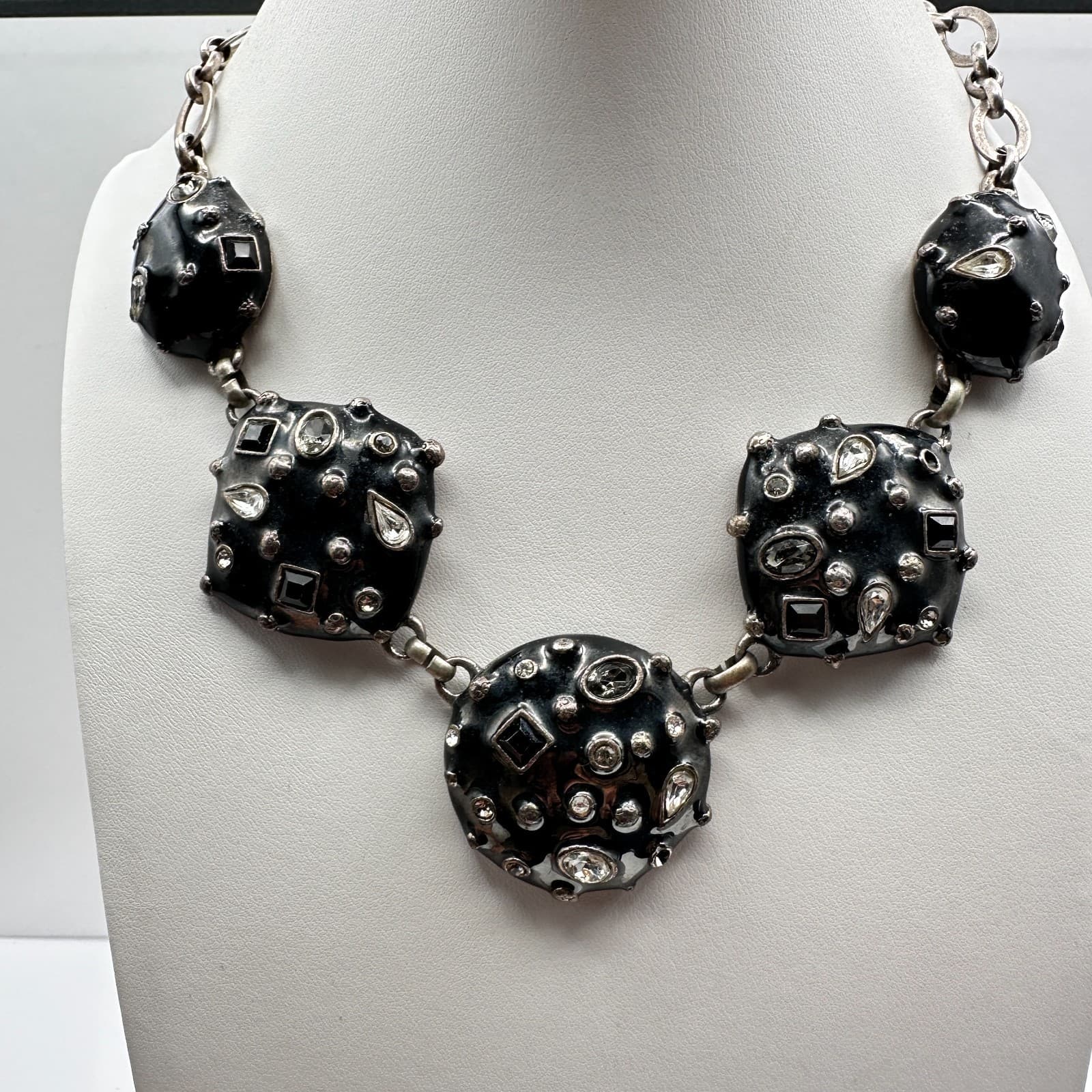 Vintage 90s Black Enamel Rhinestone Jewelry Set Silver-Tone Chunky Retro Hoop - Thumbnail 2