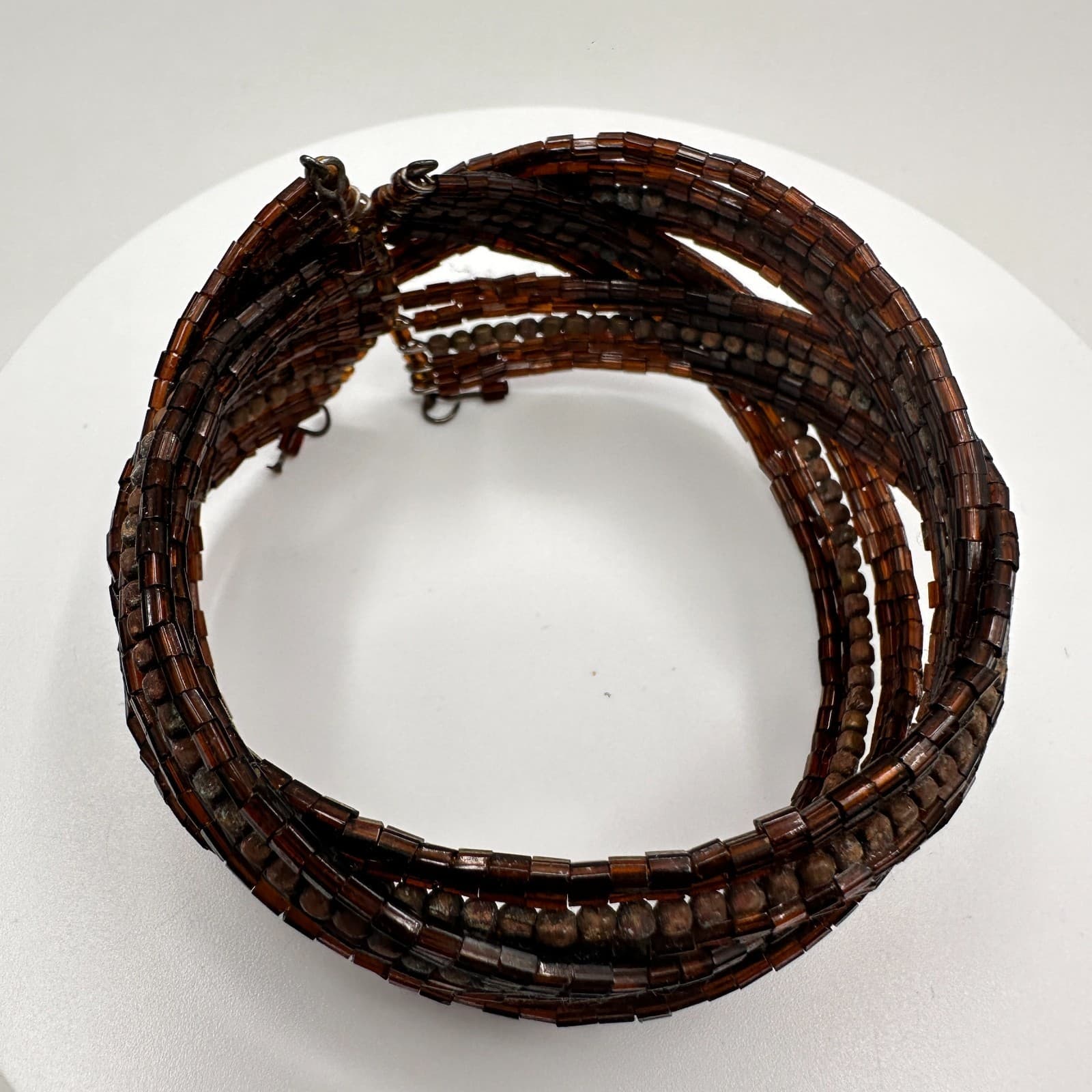 Vintage 90s Beaded Multi-Strand Cuff Bracelet Brown Seed Beads Boho Jewelry - Thumbnail 2