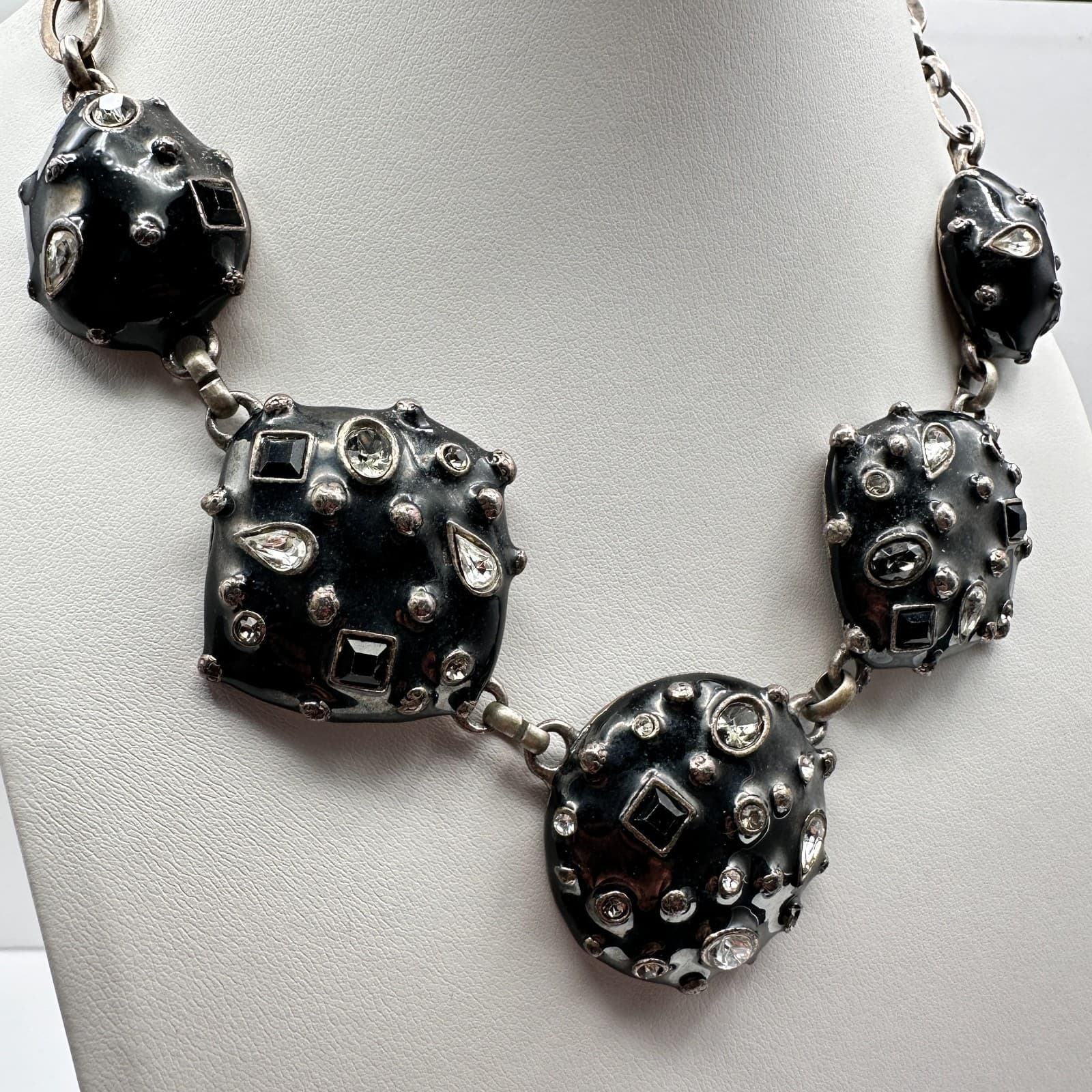 Vintage 90s Black Enamel Rhinestone Jewelry Set Silver-Tone Chunky Retro Hoop - Thumbnail 3