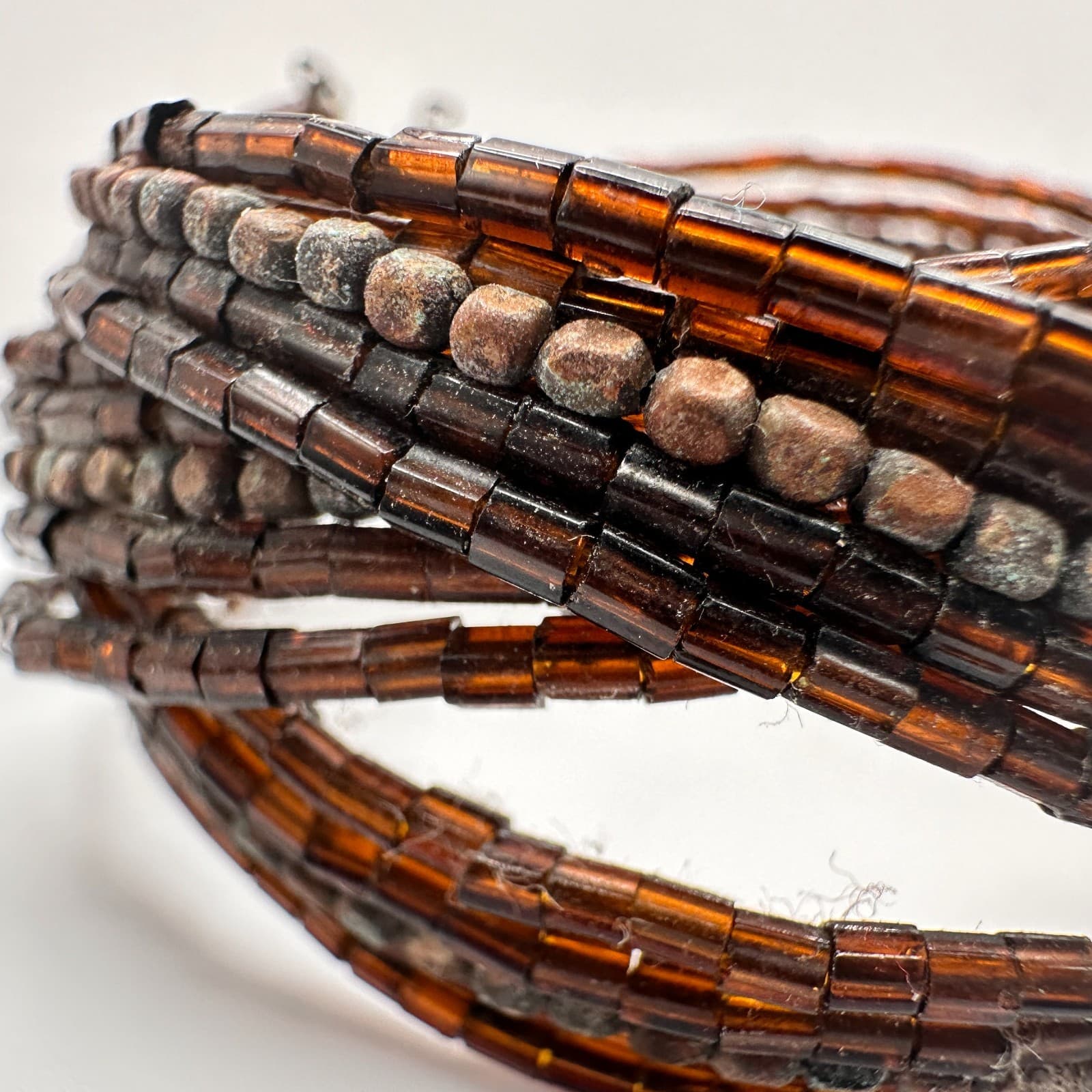 Vintage 90s Beaded Multi-Strand Cuff Bracelet Brown Seed Beads Boho Jewelry - Thumbnail 4