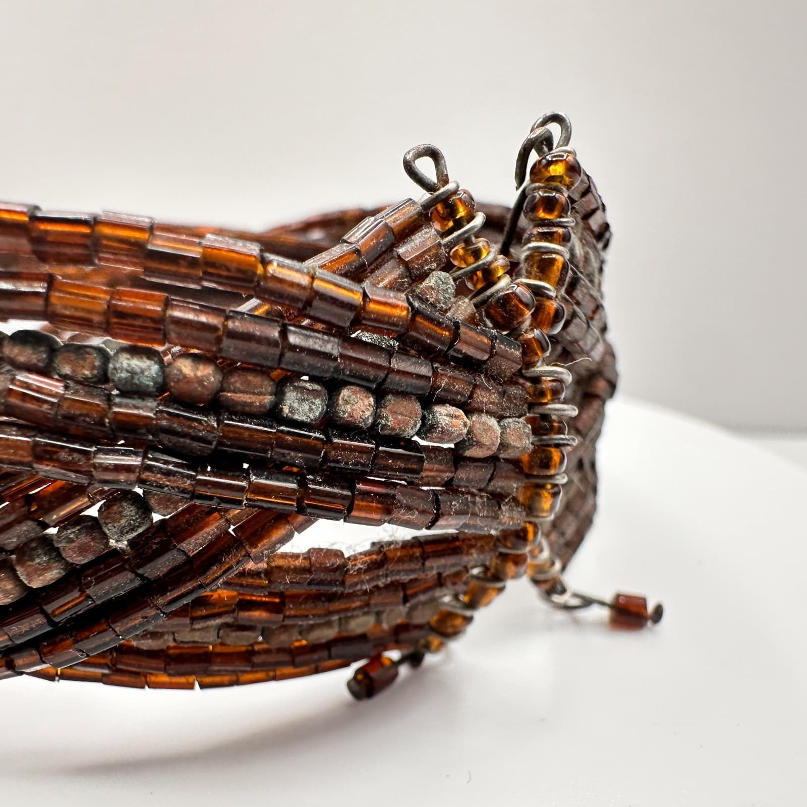 Vintage 90s Beaded Multi-Strand Cuff Bracelet Brown Seed Beads Boho Jewelry - Thumbnail 5