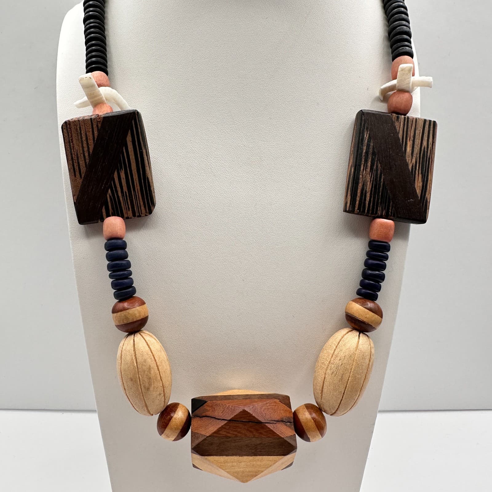Vintage 90s Boho Chunky Wood Statement Necklace Geometric Beaded Ethnic Jewelry - Image 1