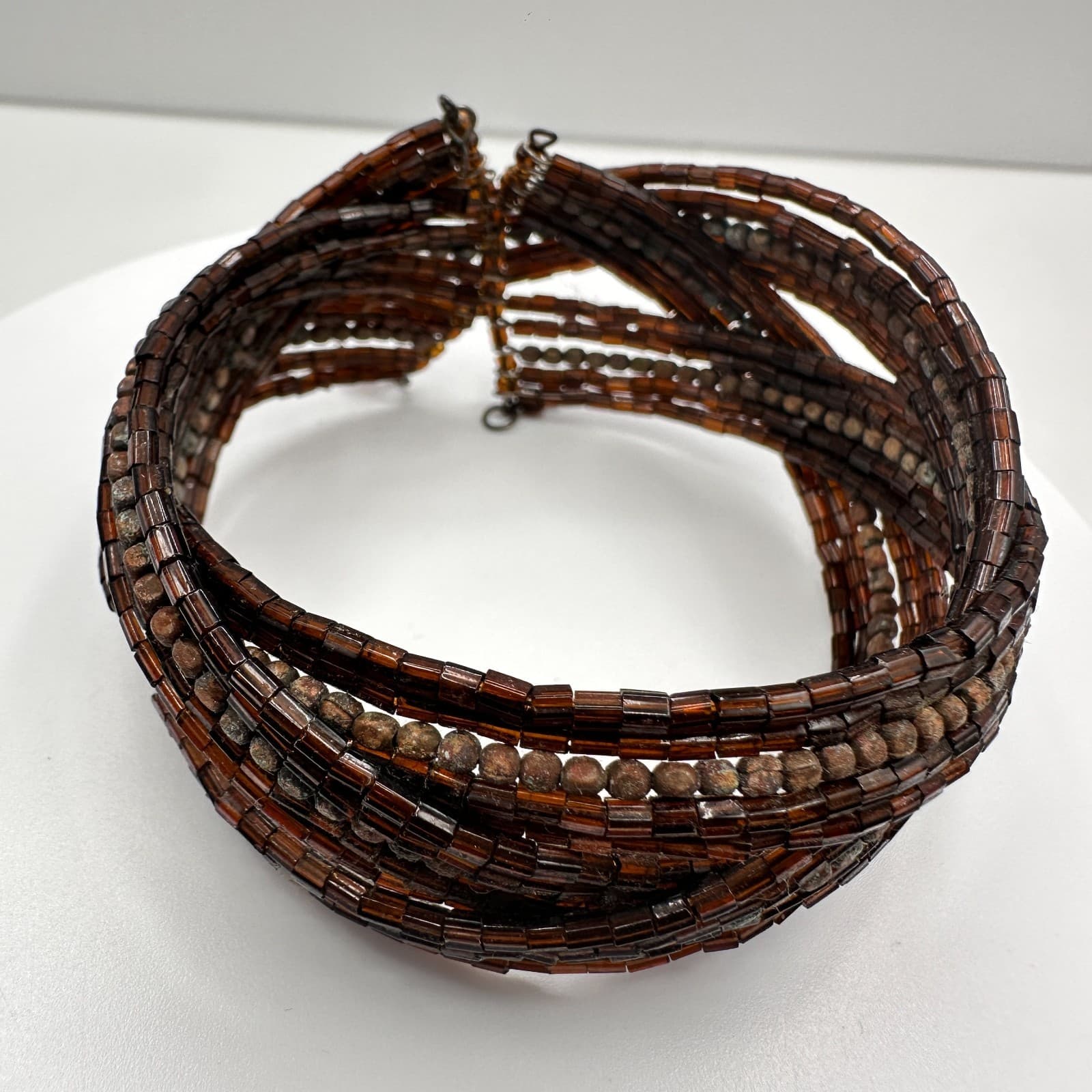 Vintage 90s Beaded Multi-Strand Cuff Bracelet Brown Seed Beads Boho Jewelry - Thumbnail 8