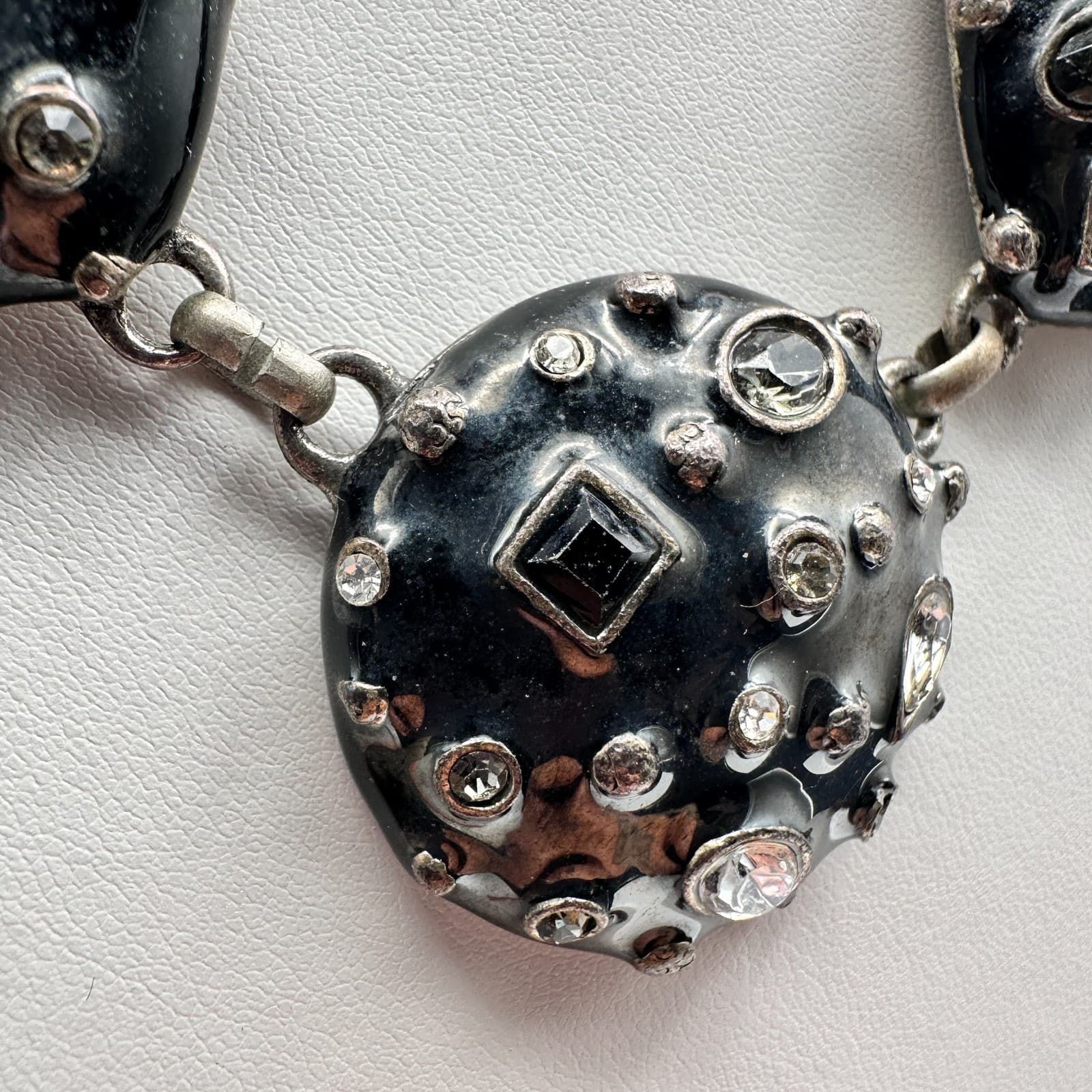 Vintage 90s Black Enamel Rhinestone Jewelry Set Silver-Tone Chunky Retro Hoop - Thumbnail 5