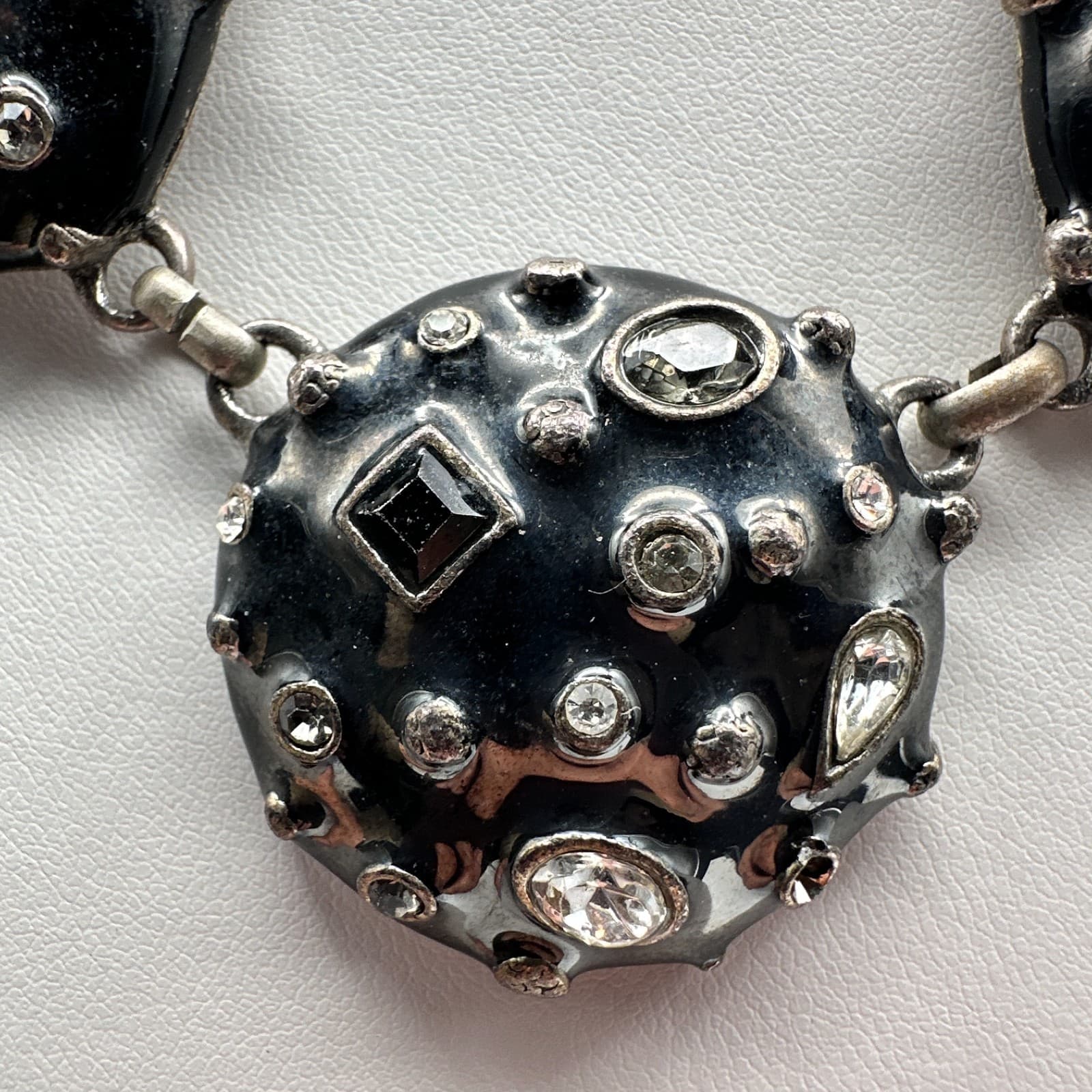 Vintage 90s Black Enamel Rhinestone Jewelry Set Silver-Tone Chunky Retro Hoop - Thumbnail 6