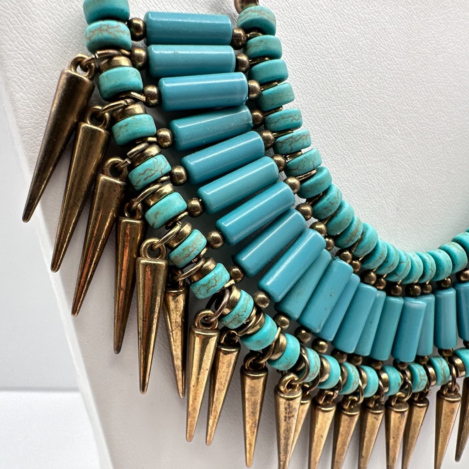 Vintage Y2K Turquoise Blue Beaded Bib Necklace Gold Spike Statement Jewelry - Thumbnail 3